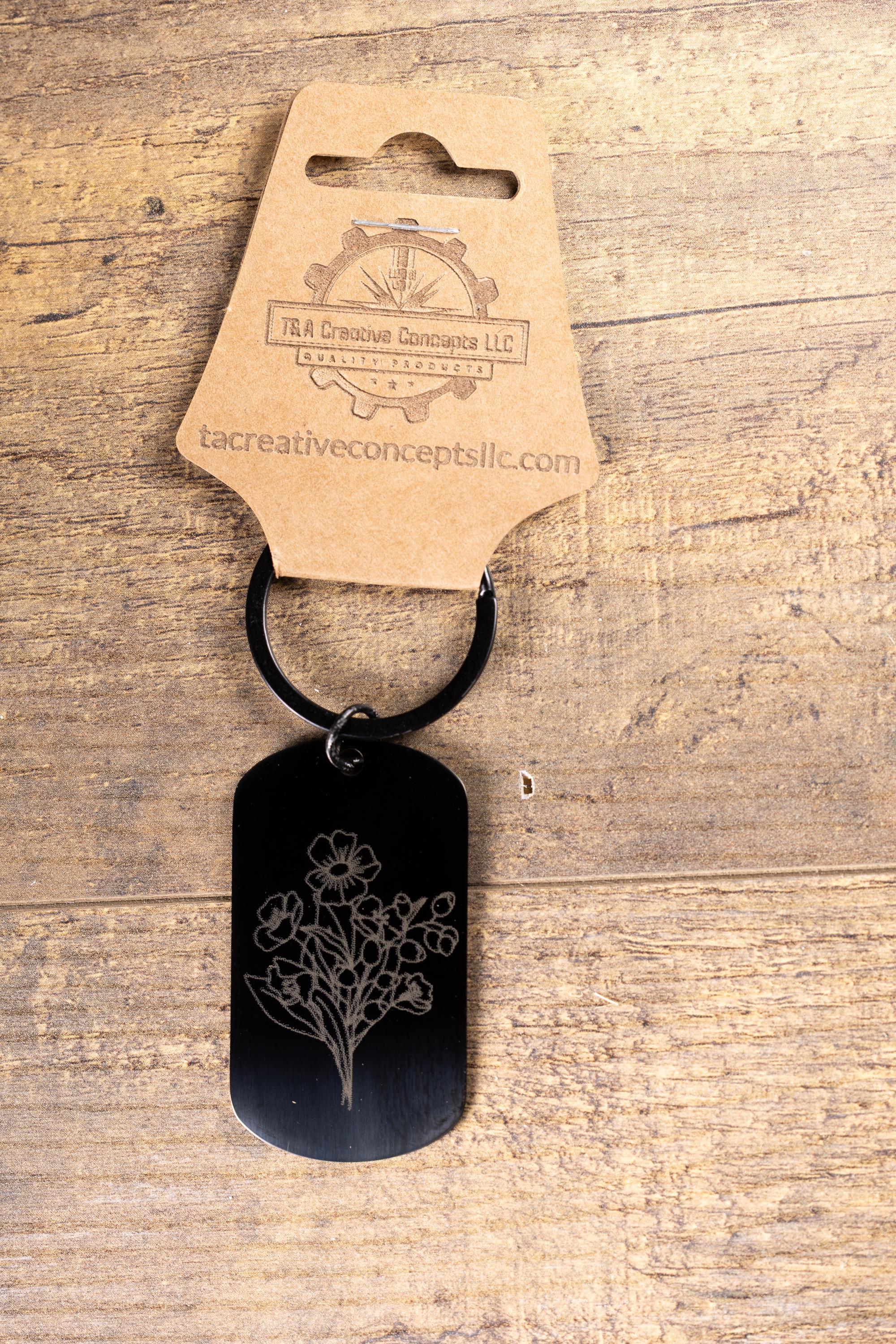 Laser engraved floral keychain: black stainless steel flower gift