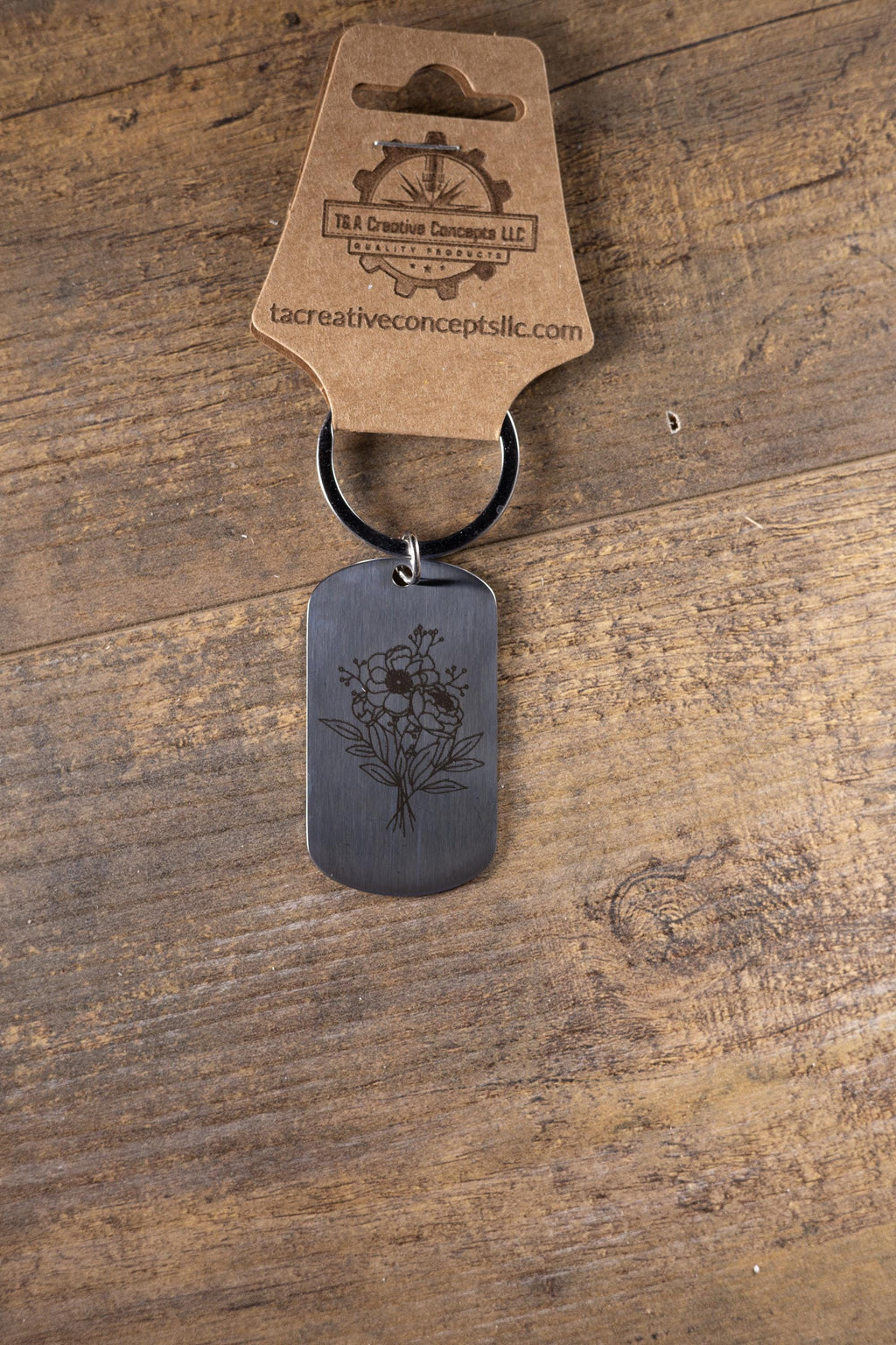 Laser engraved floral stainless steel keychain: flower lover gift