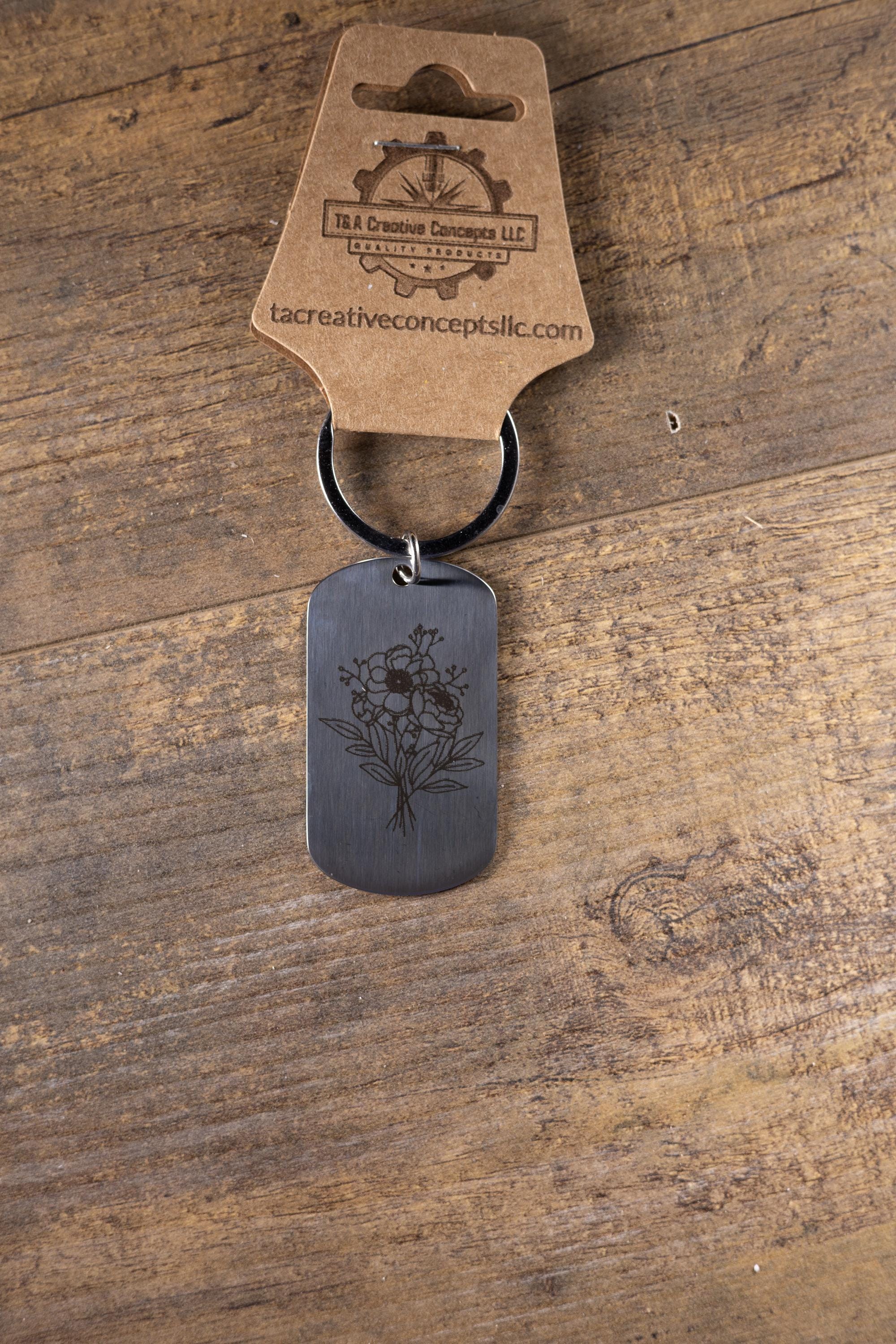 Laser engraved floral stainless steel keychain: flower lover gift