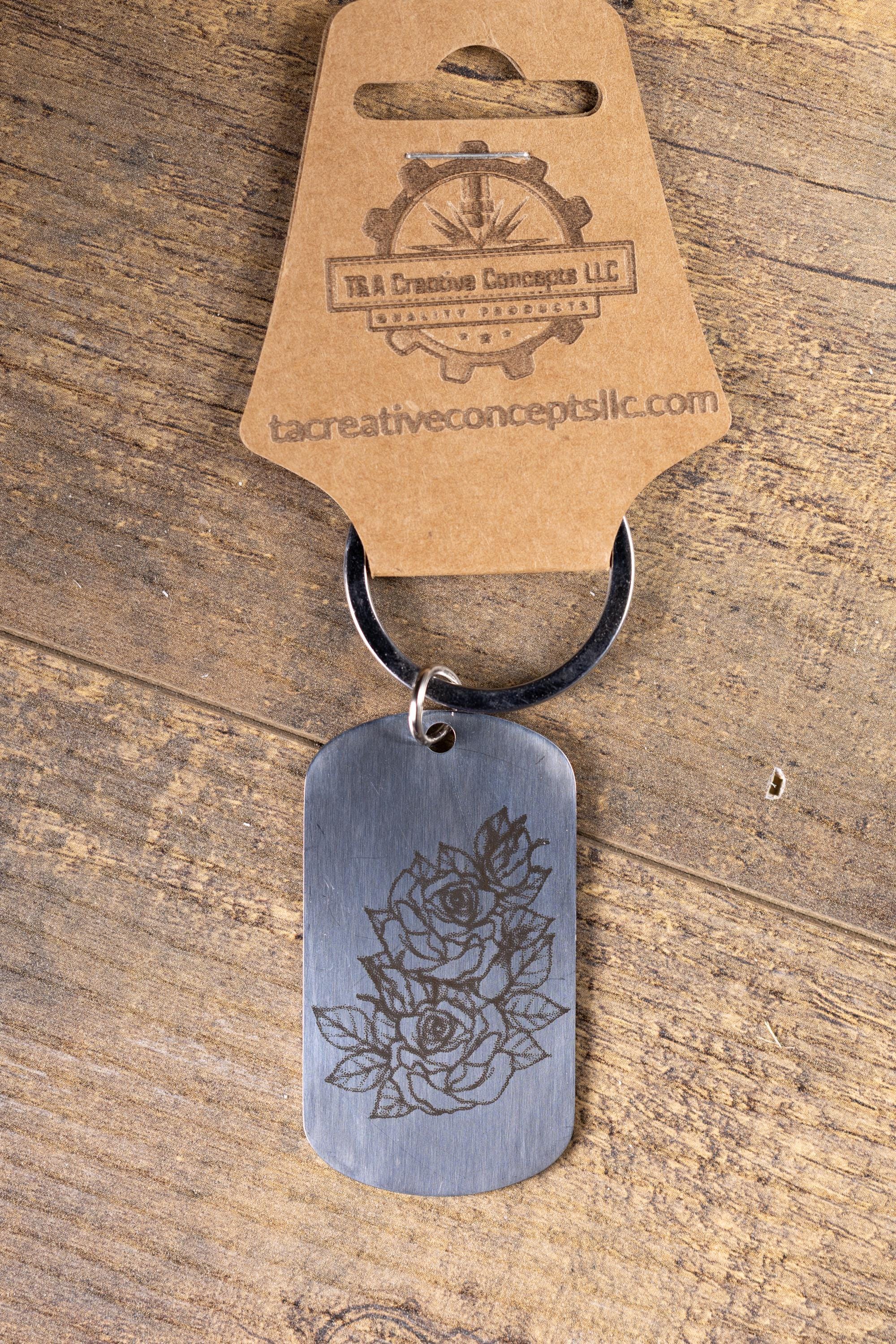 Polished stainless steel roses keychain | laser engraved both sides | floral gift | elegant durable key ring