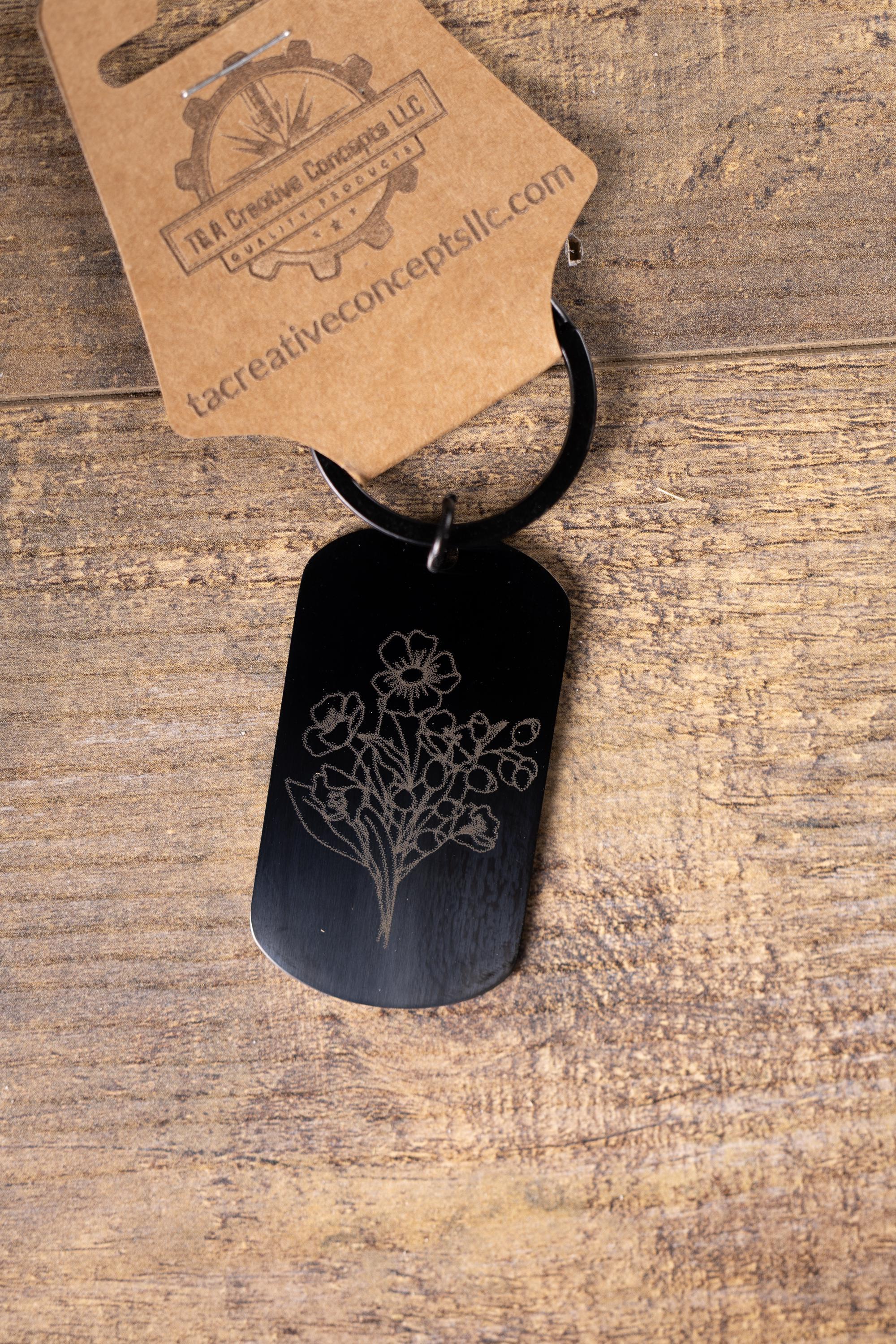 Laser engraved floral keychain: black stainless steel flower gift
