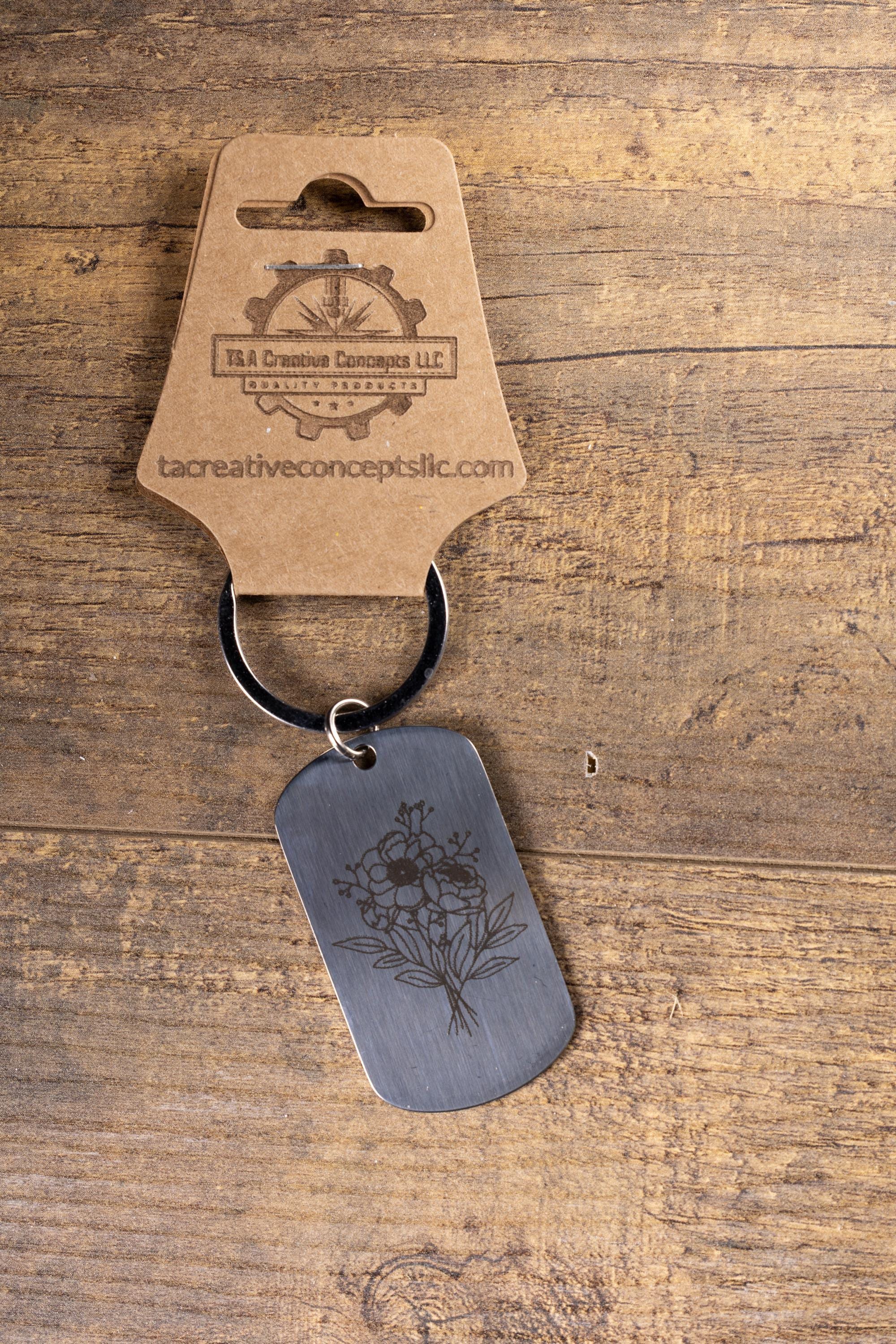 Laser engraved floral stainless steel keychain: flower lover gift
