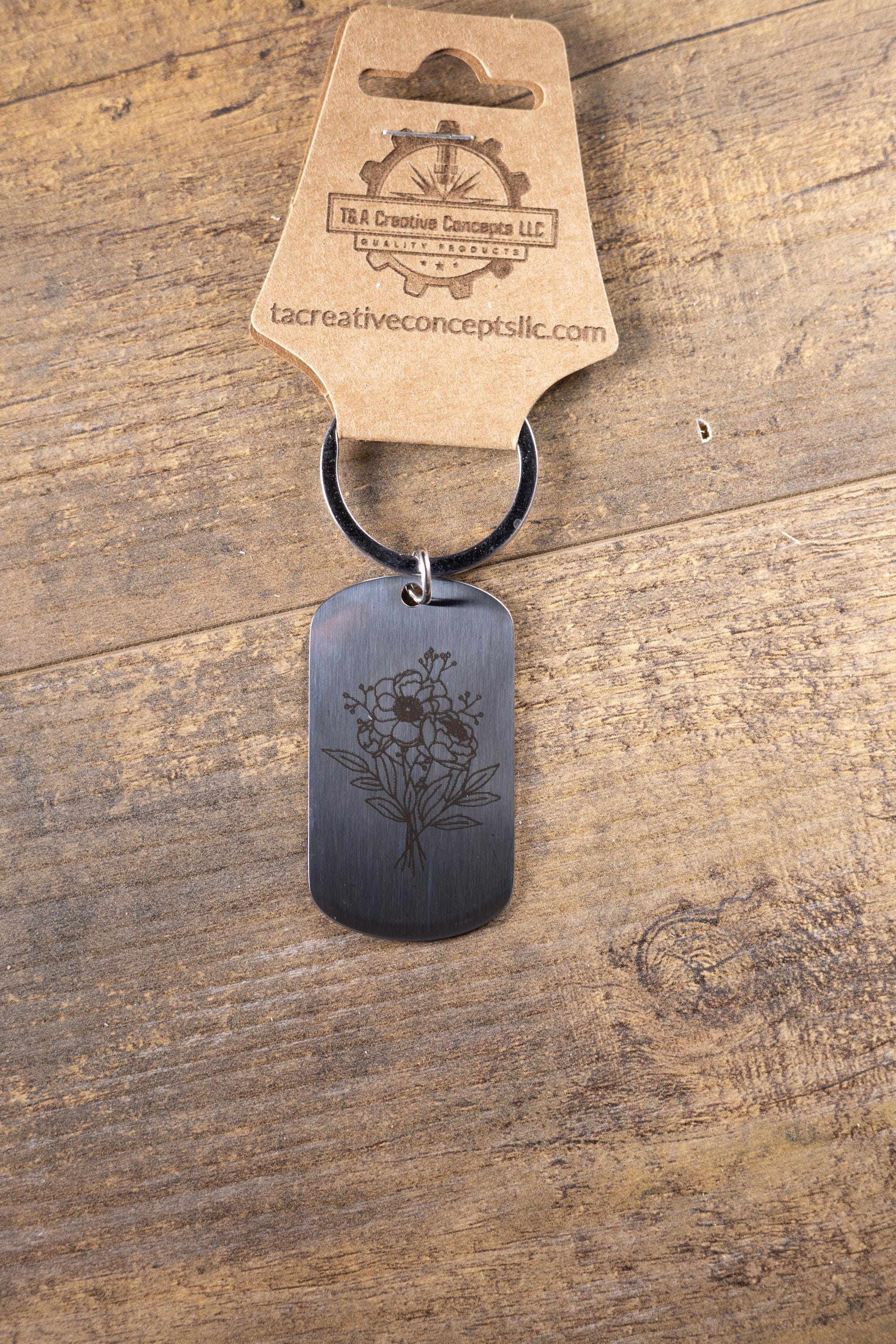 Laser engraved floral stainless steel keychain: flower lover gift