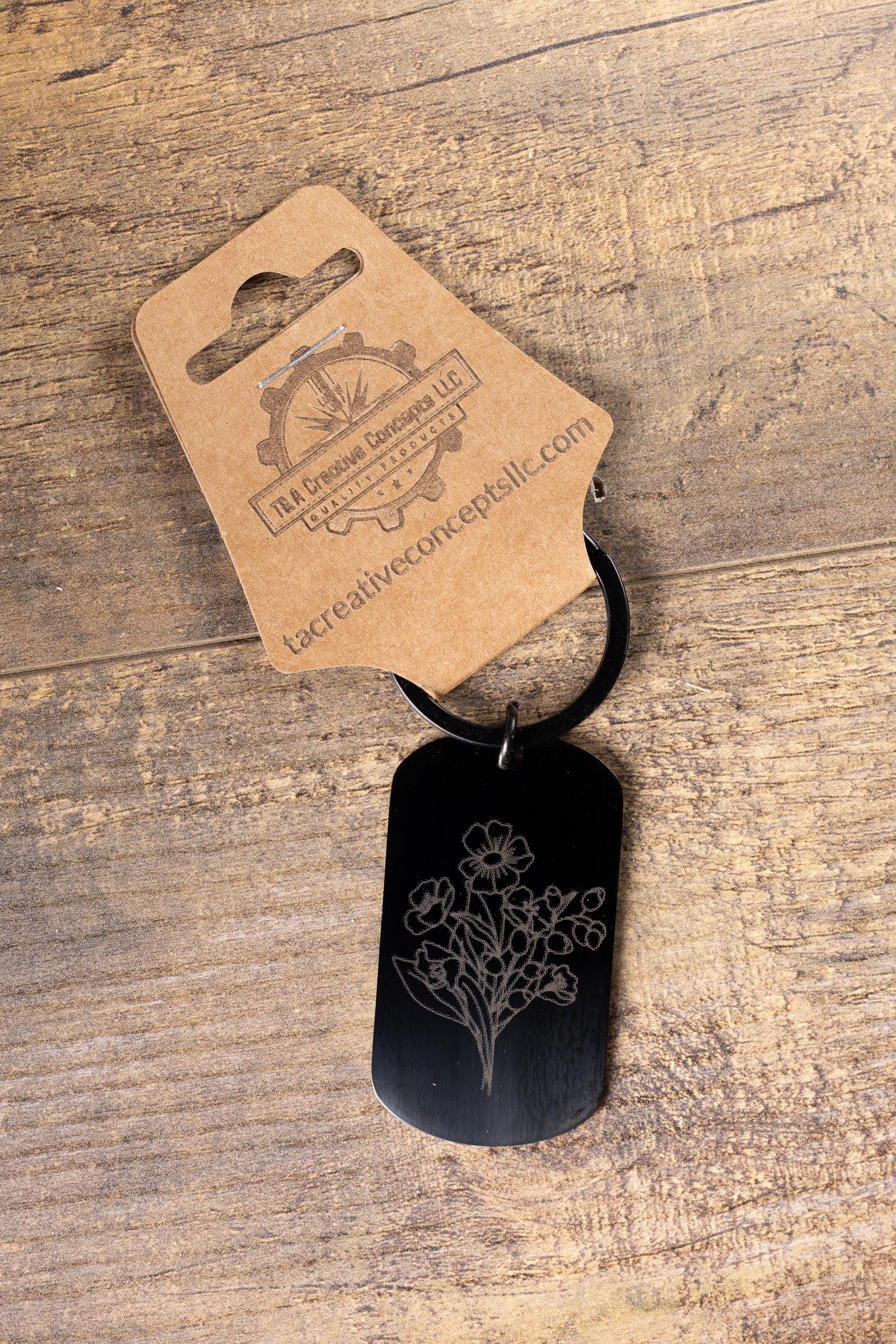Laser engraved floral keychain: black stainless steel flower gift