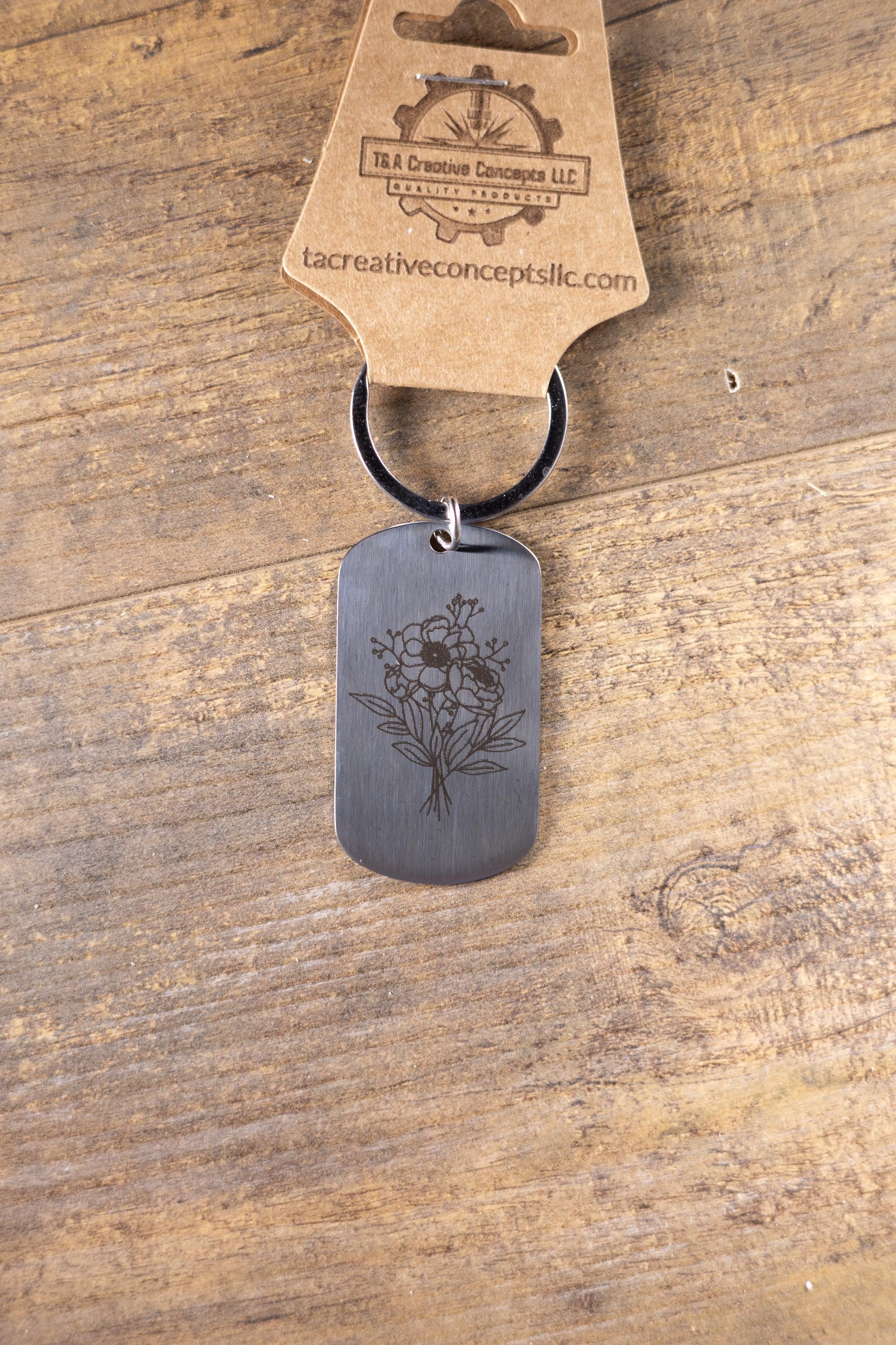 Laser engraved floral stainless steel keychain: flower lover gift