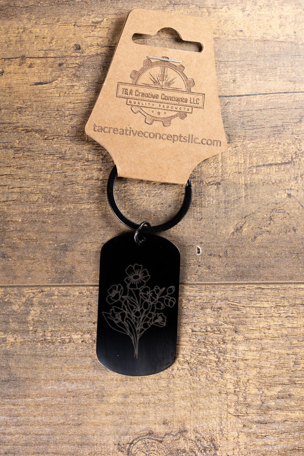 Laser engraved floral keychain: black stainless steel flower gift
