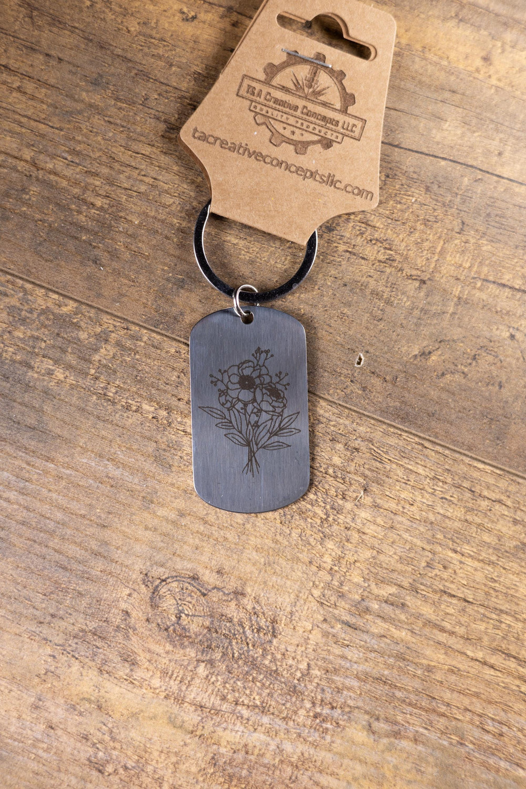 Laser engraved floral stainless steel keychain: flower lover gift