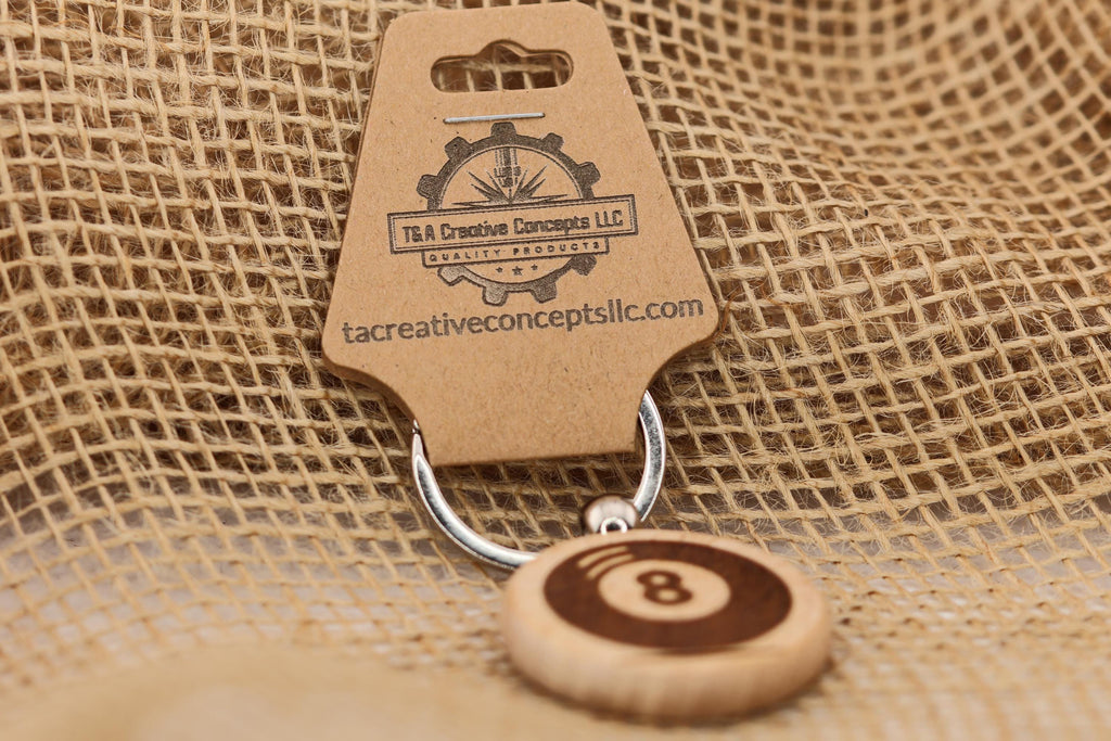 Laser Engraved 8 Ball Keychain / Bag Charm: hardwood billiards gift