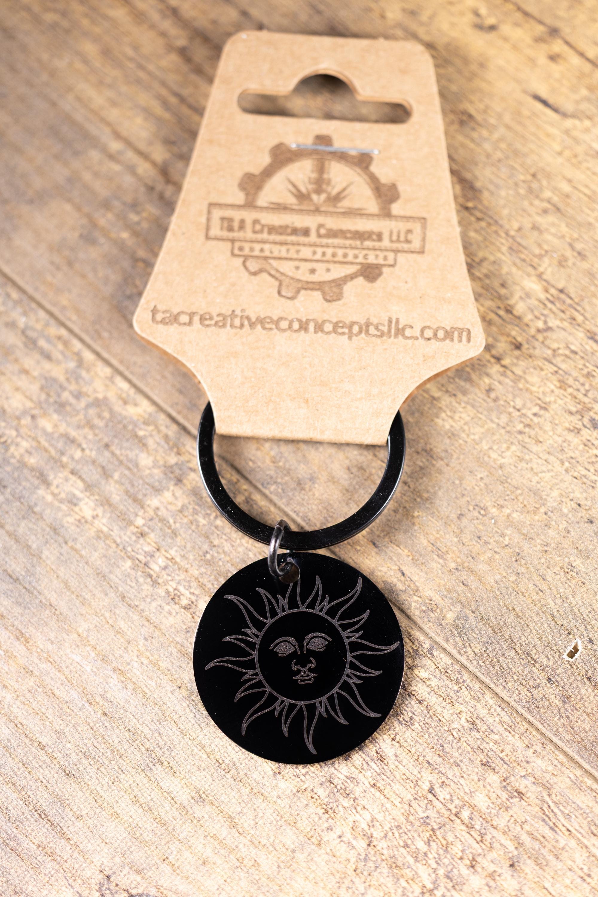 Black stainless steel sun keychain | laser engraved double-sided design | celestial gift | durable everyday keychain