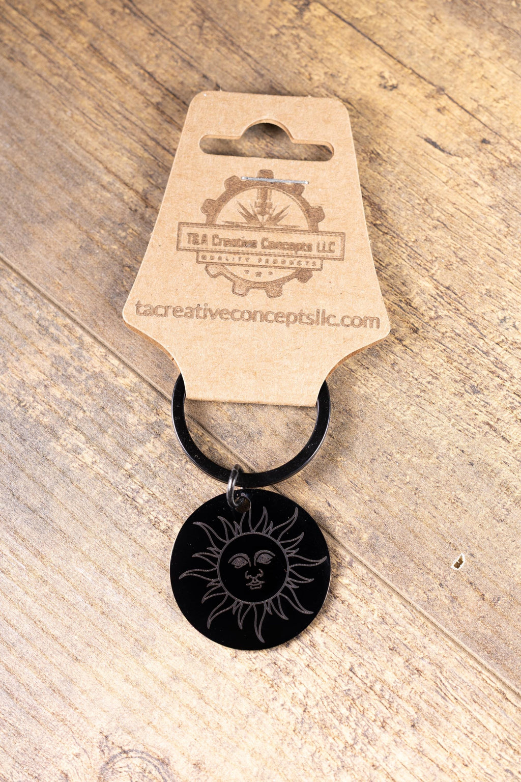 Black stainless steel sun keychain | laser engraved double-sided design | celestial gift | durable everyday keychain
