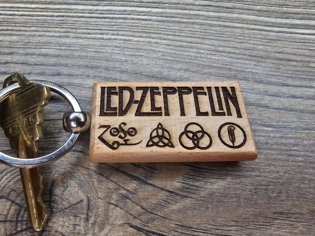 Led Zeppelin Keychain / Bag Charm: laser engraved hardwood, stainless steel keyring
