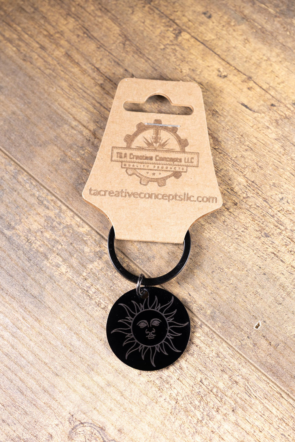 Black stainless steel sun keychain | laser engraved double-sided design | celestial gift | durable everyday keychain