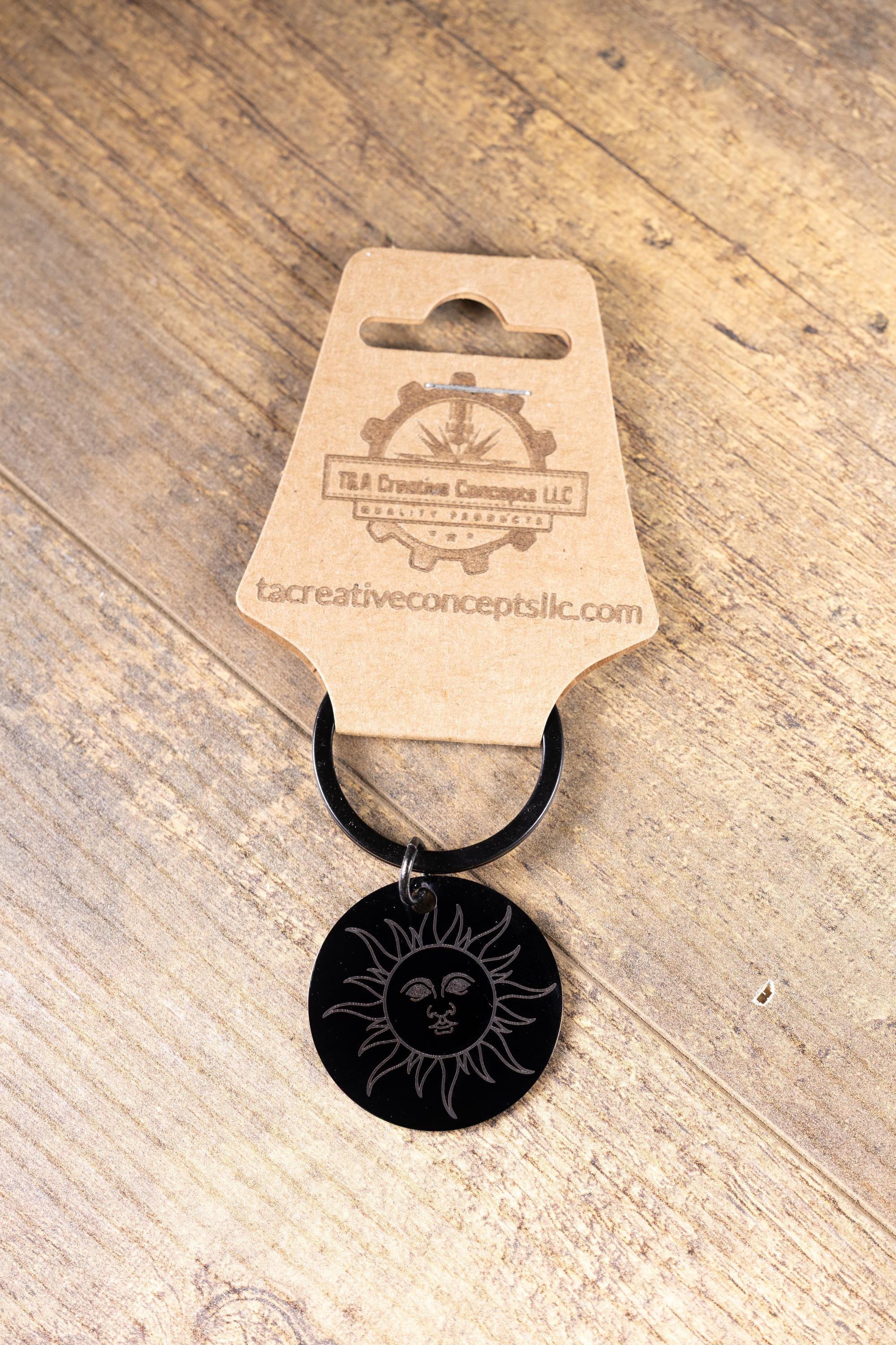Black stainless steel sun keychain | laser engraved double-sided design | celestial gift | durable everyday keychain