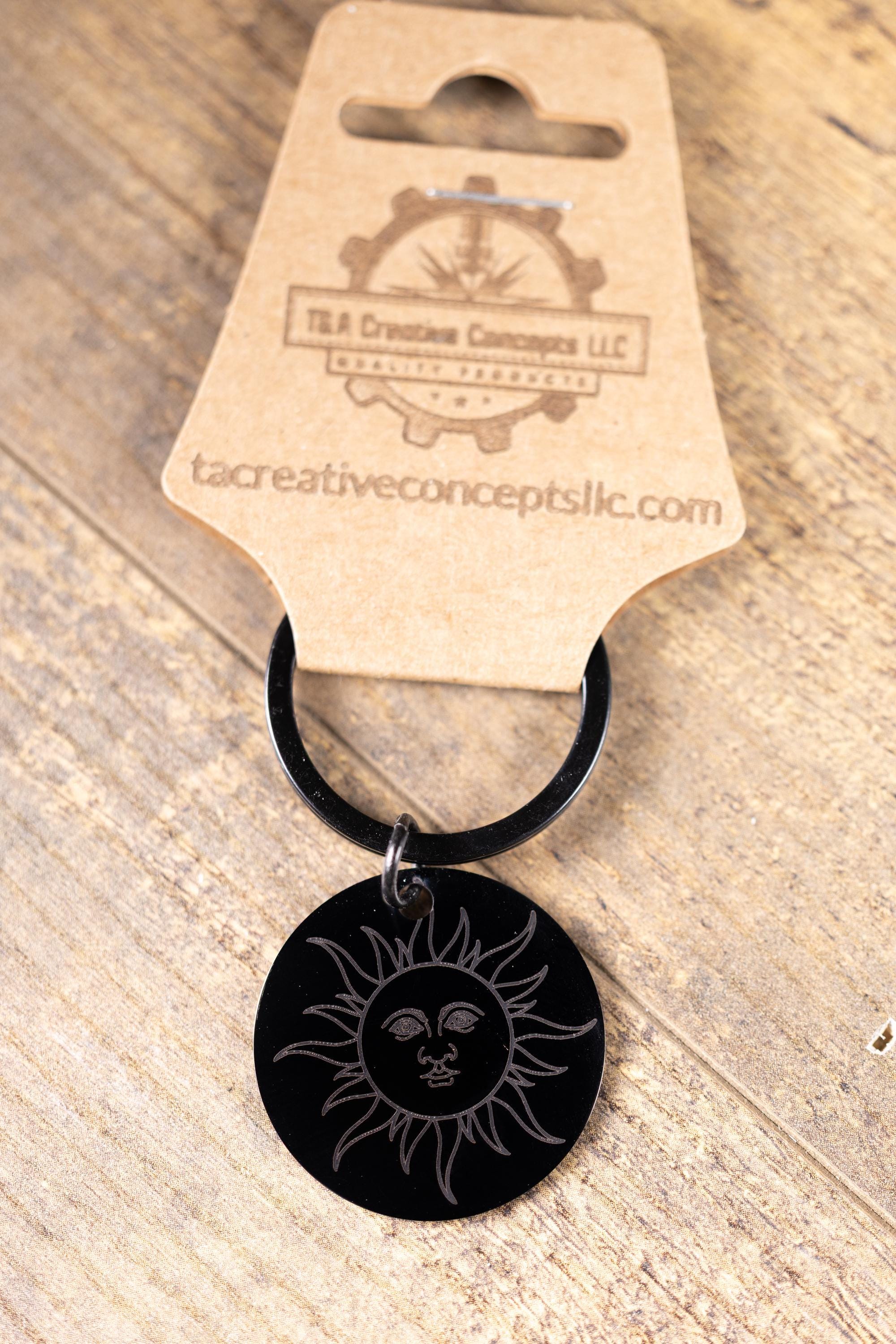 Black stainless steel sun keychain | laser engraved double-sided design | celestial gift | durable everyday keychain