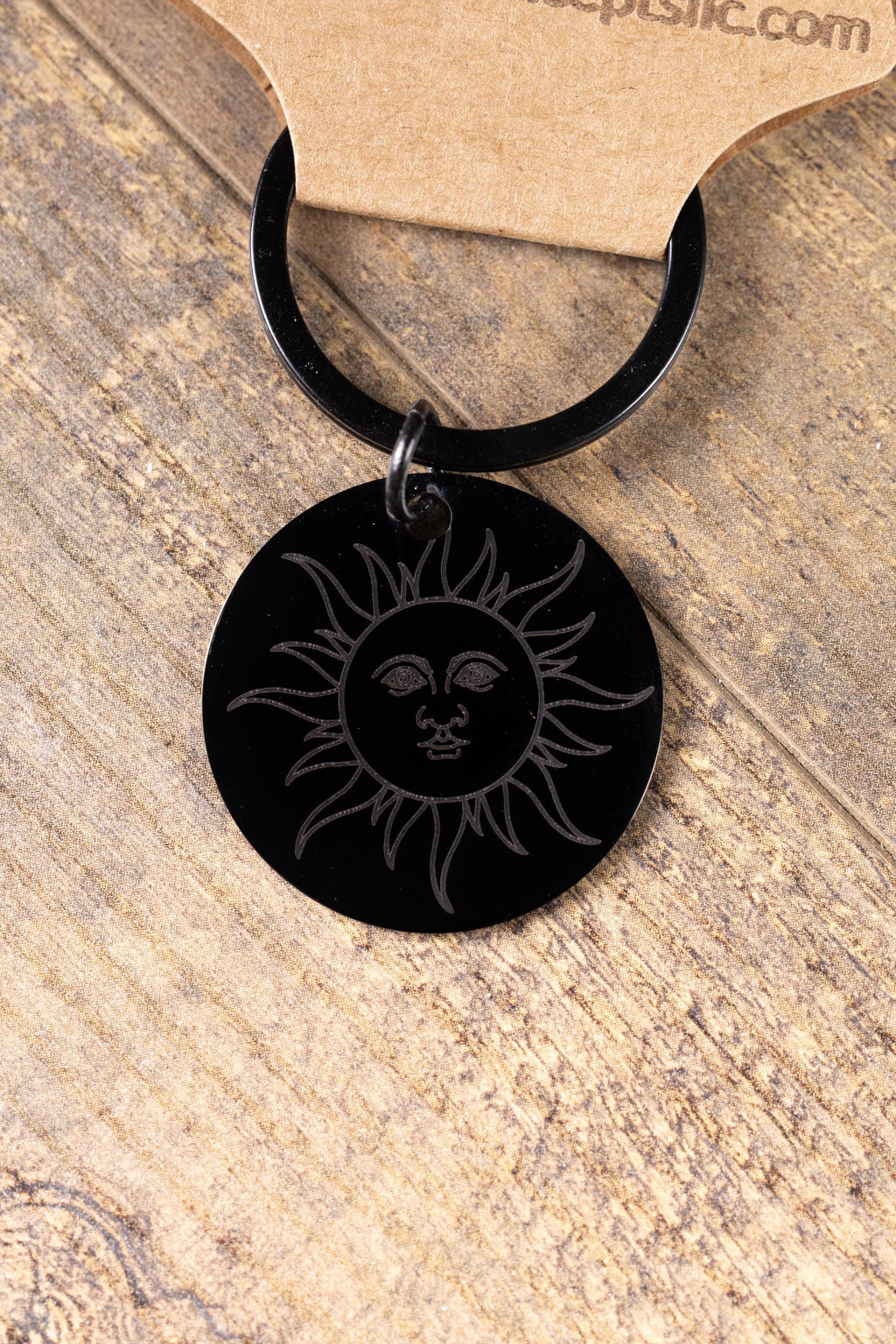 Black stainless steel sun keychain | laser engraved double-sided design | celestial gift | durable everyday keychain