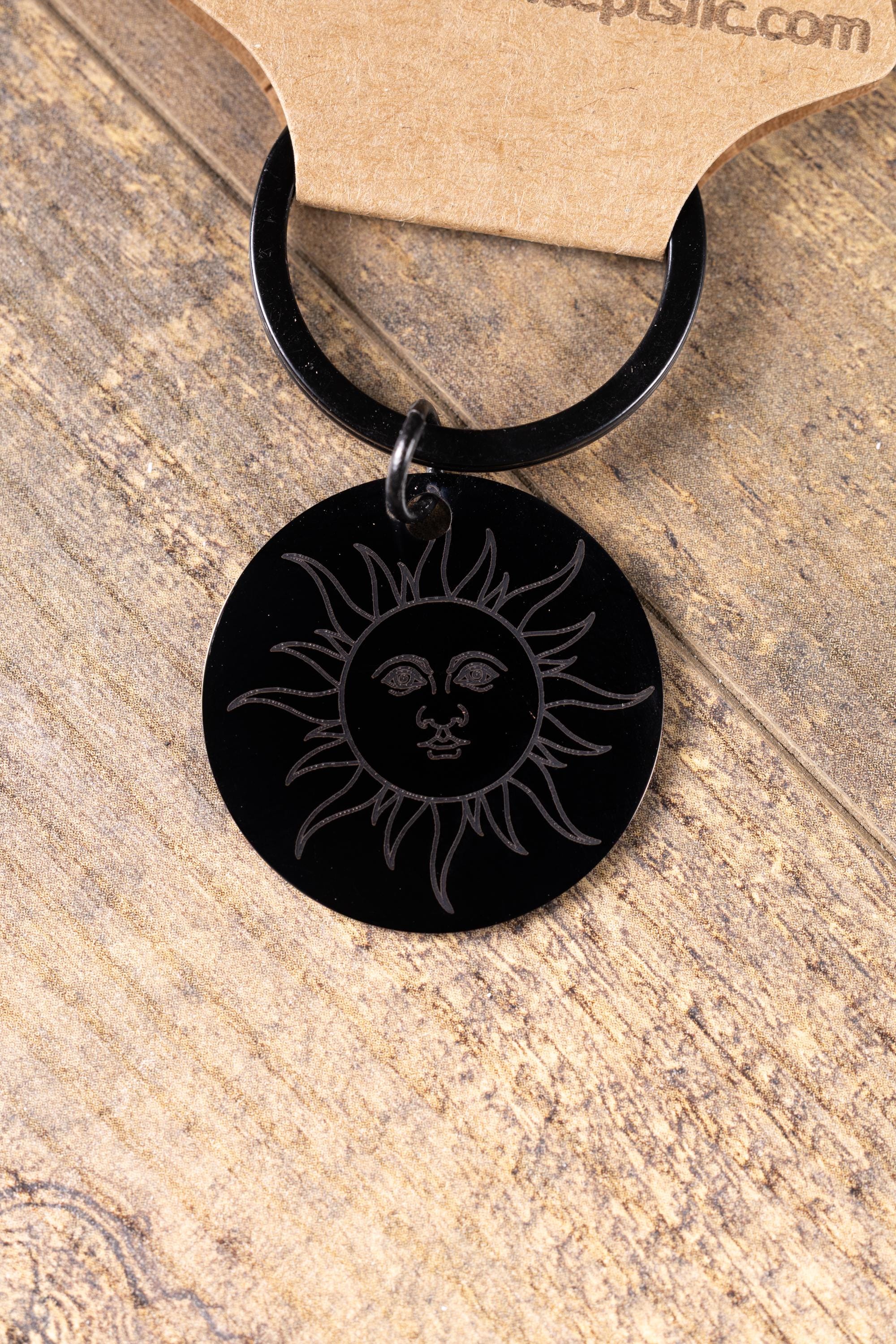 Black stainless steel sun keychain | laser engraved double-sided design | celestial gift | durable everyday keychain