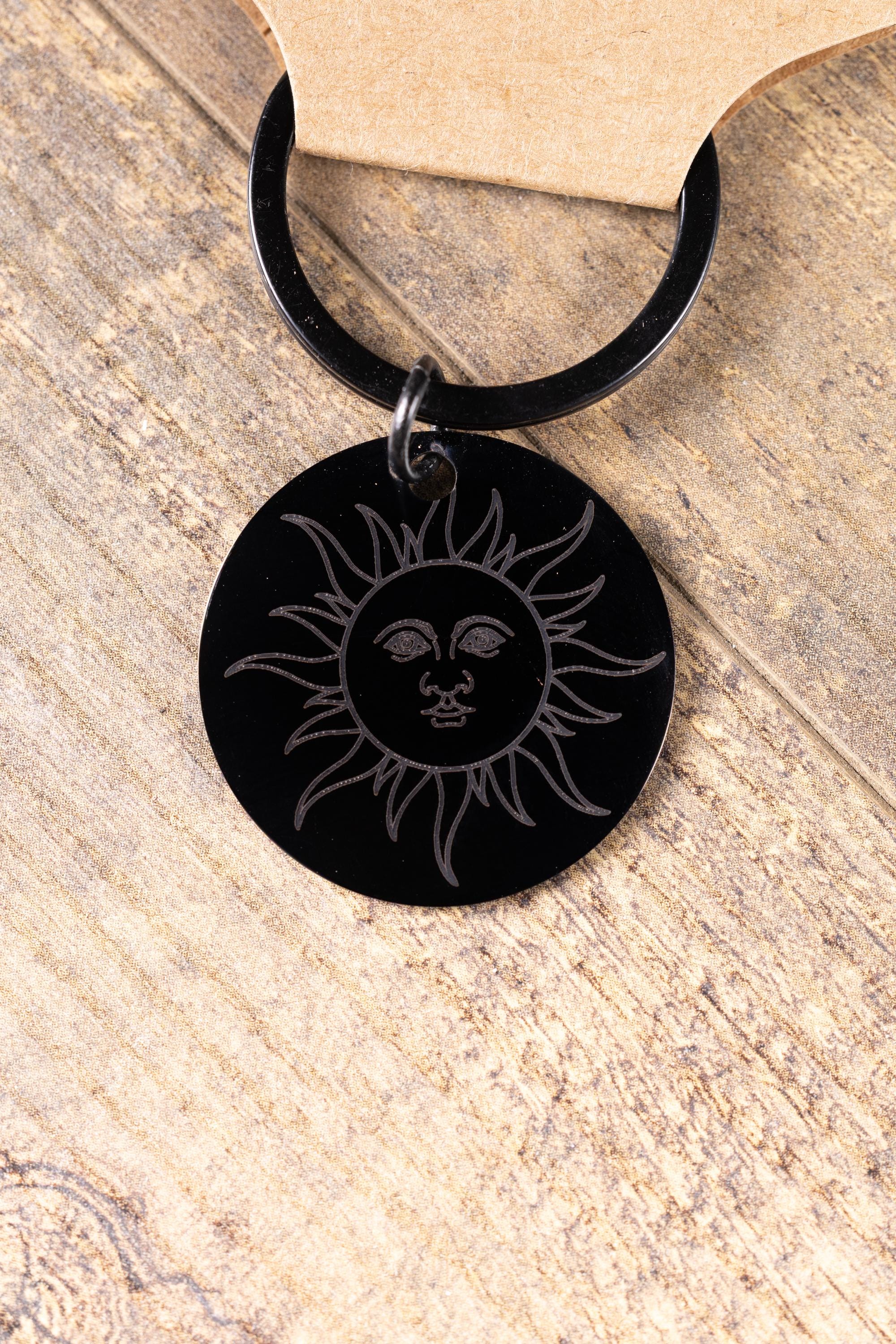 Black stainless steel sun keychain | laser engraved double-sided design | celestial gift | durable everyday keychain