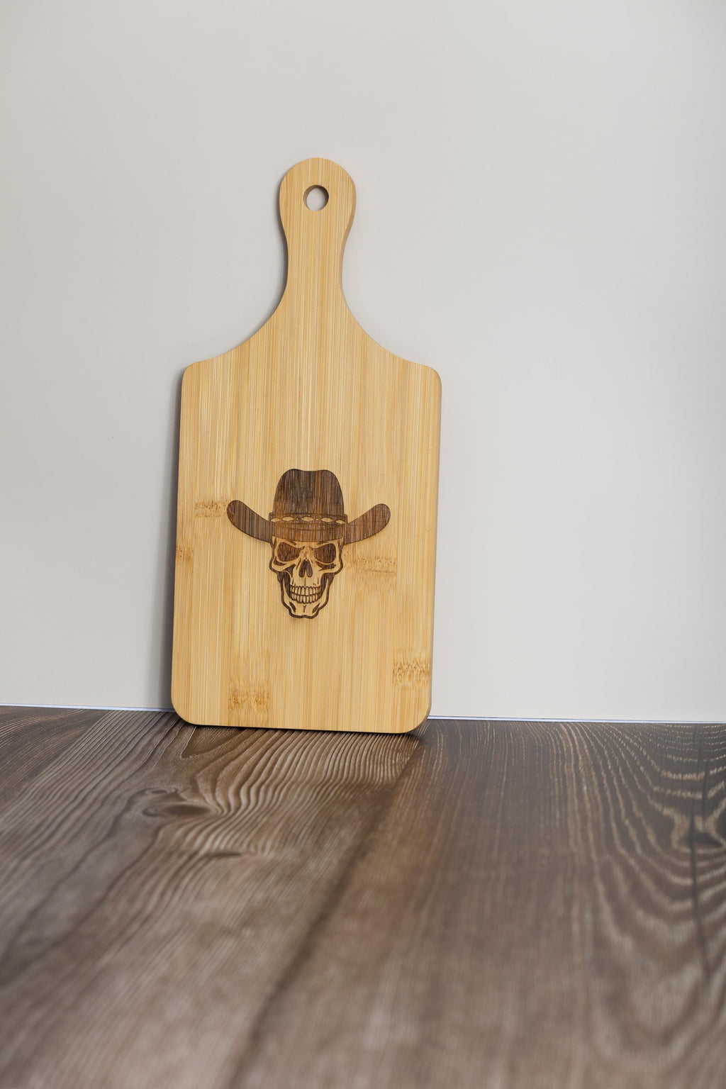 Skull in cowboy hat laser engraved bamboo cutting board 5x11 | western kitchen decor | funny gift for cowboy or chef