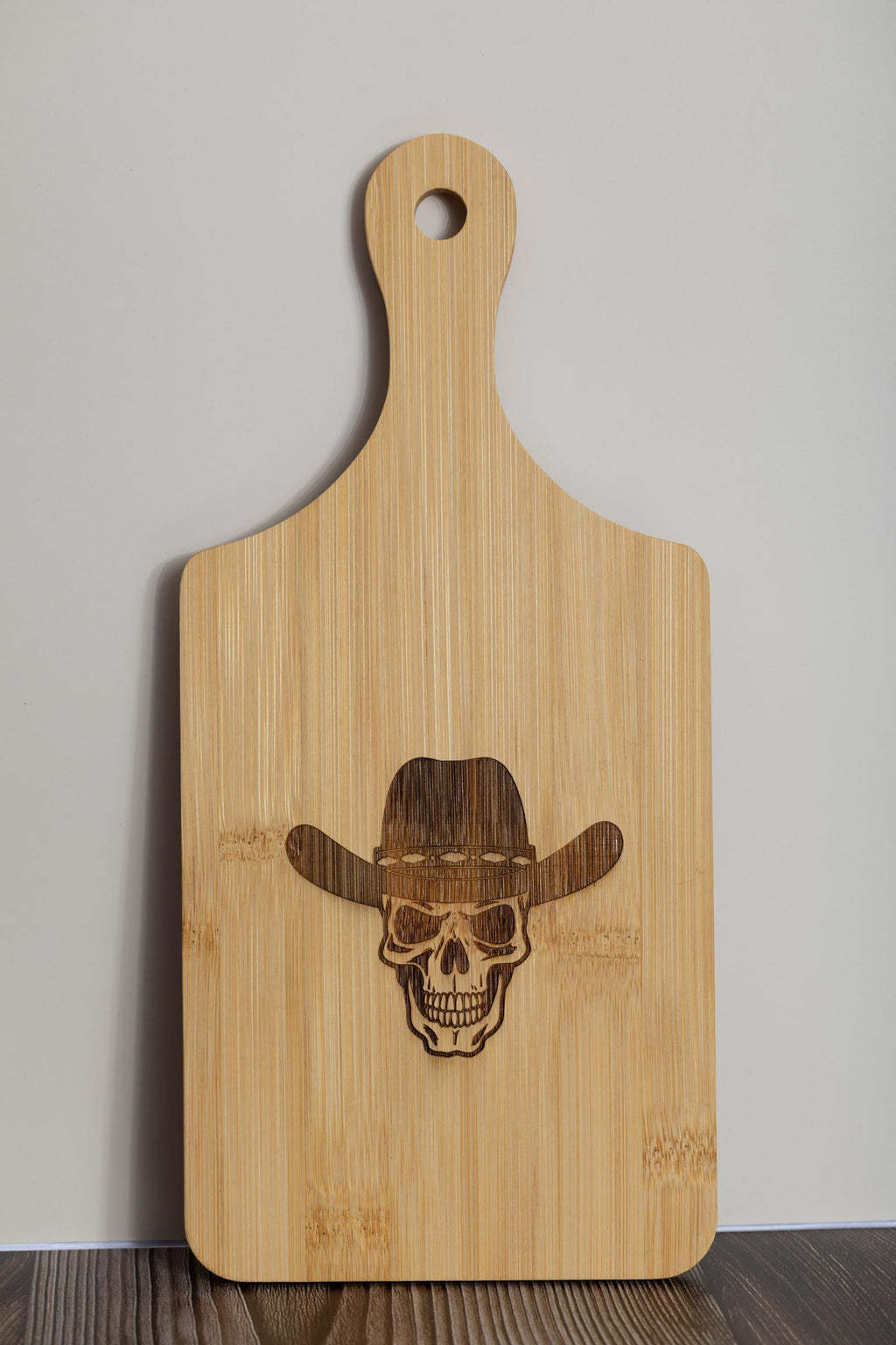 Skull in cowboy hat laser engraved bamboo cutting board 5x11 | western kitchen decor | funny gift for cowboy or chef