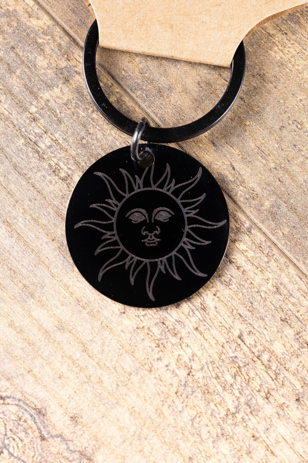 Black stainless steel sun keychain | laser engraved double-sided design | celestial gift | durable everyday keychain