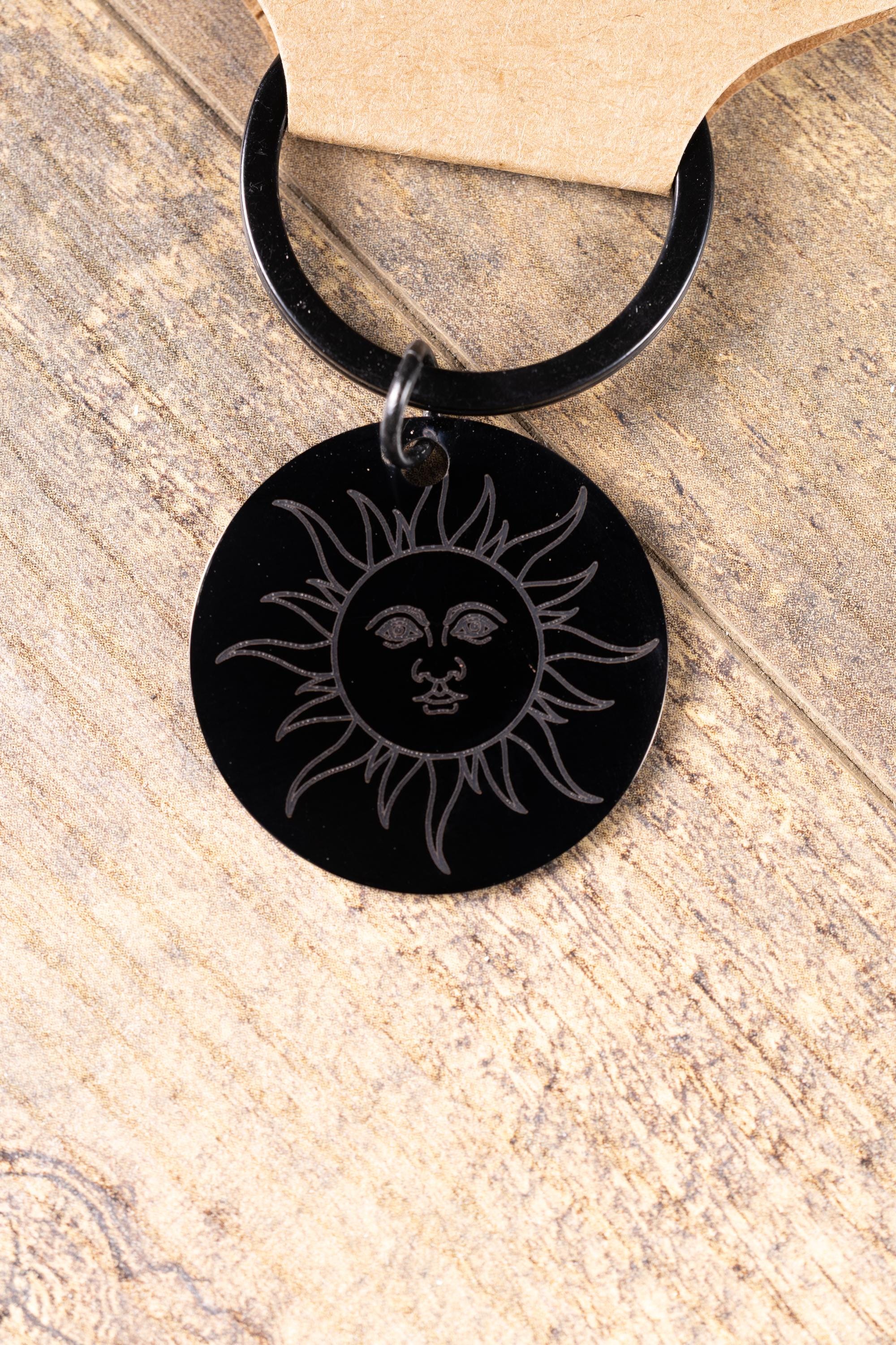 Black stainless steel sun keychain | laser engraved double-sided design | celestial gift | durable everyday keychain