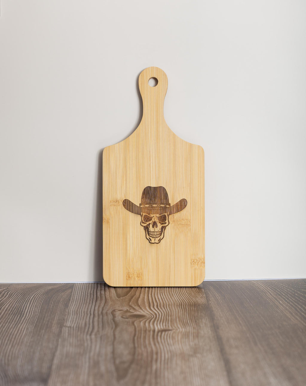 Skull in cowboy hat laser engraved bamboo cutting board 5x11 | western kitchen decor | funny gift for cowboy or chef