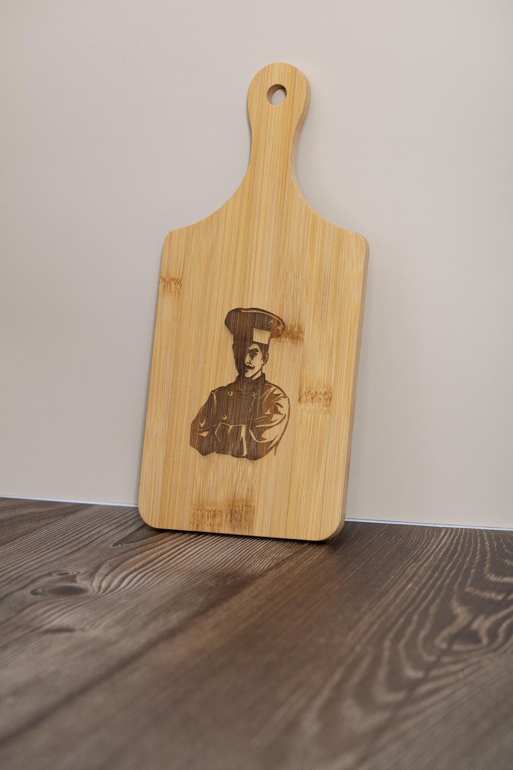 Chef bamboo cutting board: laser engraved kitchen prep & serving board