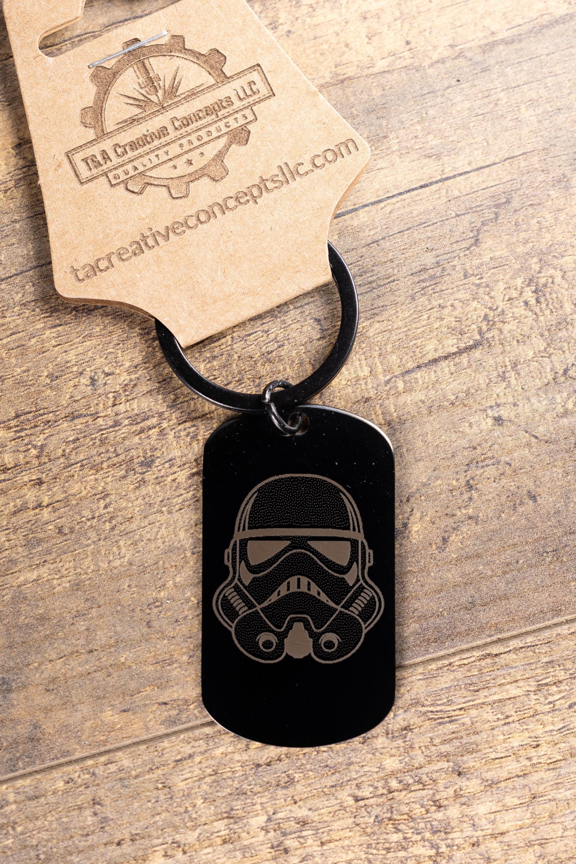 Stormtrooper keychain: laser engraved black stainless steel star wars gift