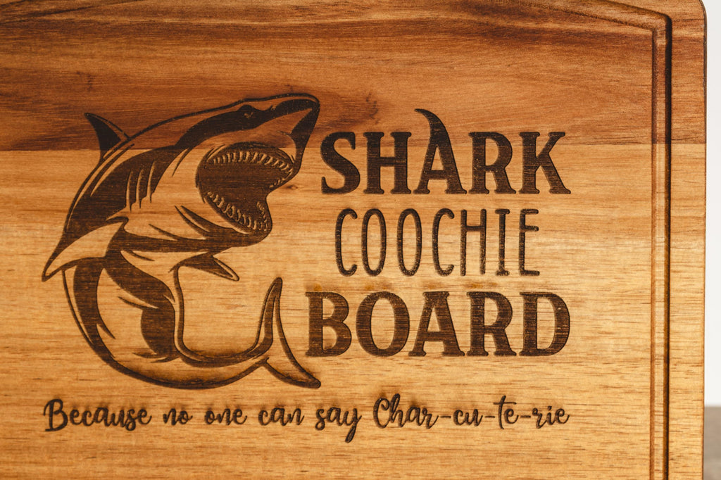 Shark coochie charcuterie board: acacia wood cheese & snack board