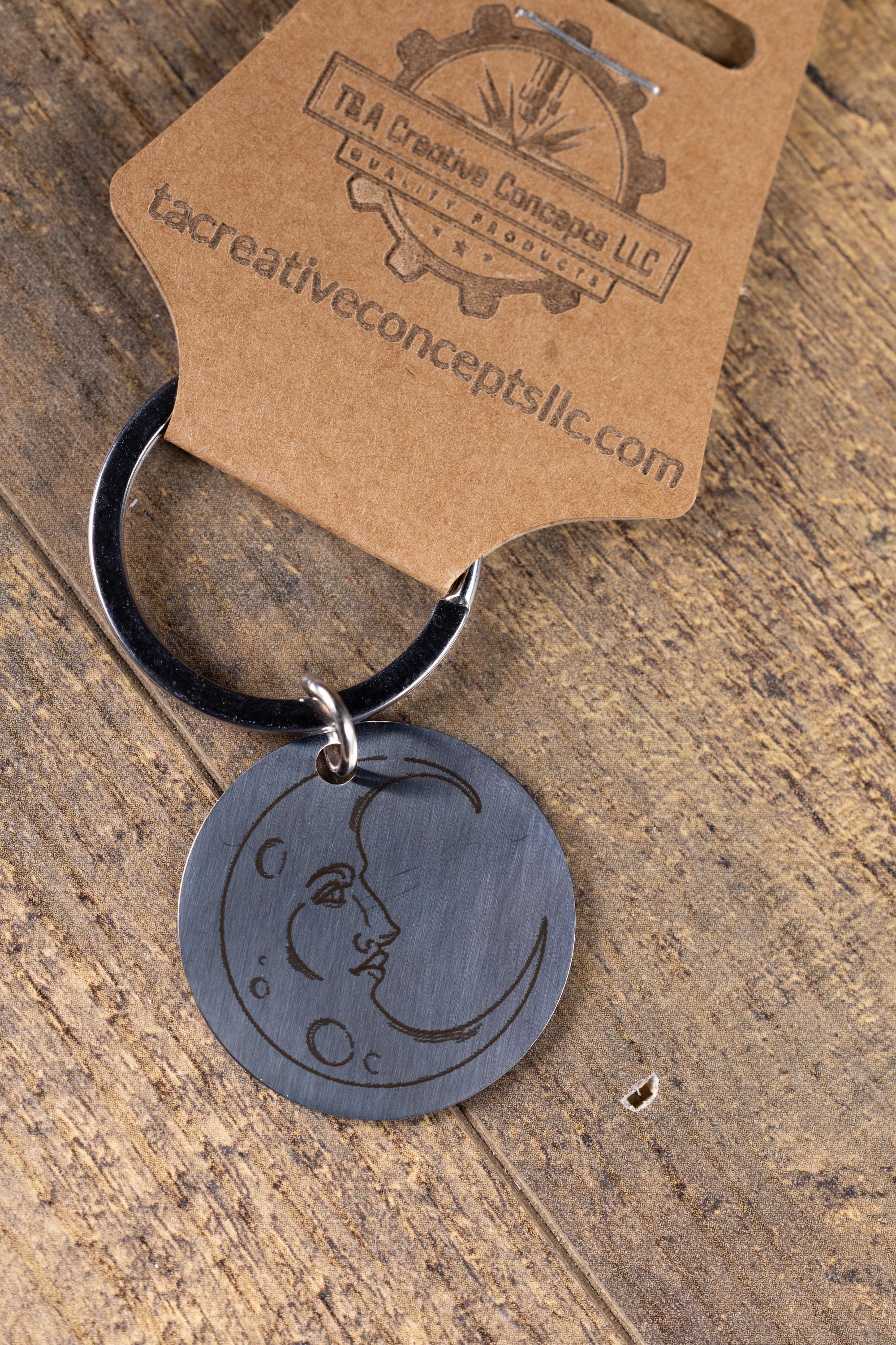 Engraved moon keychain: polished stainless steel celestial gift