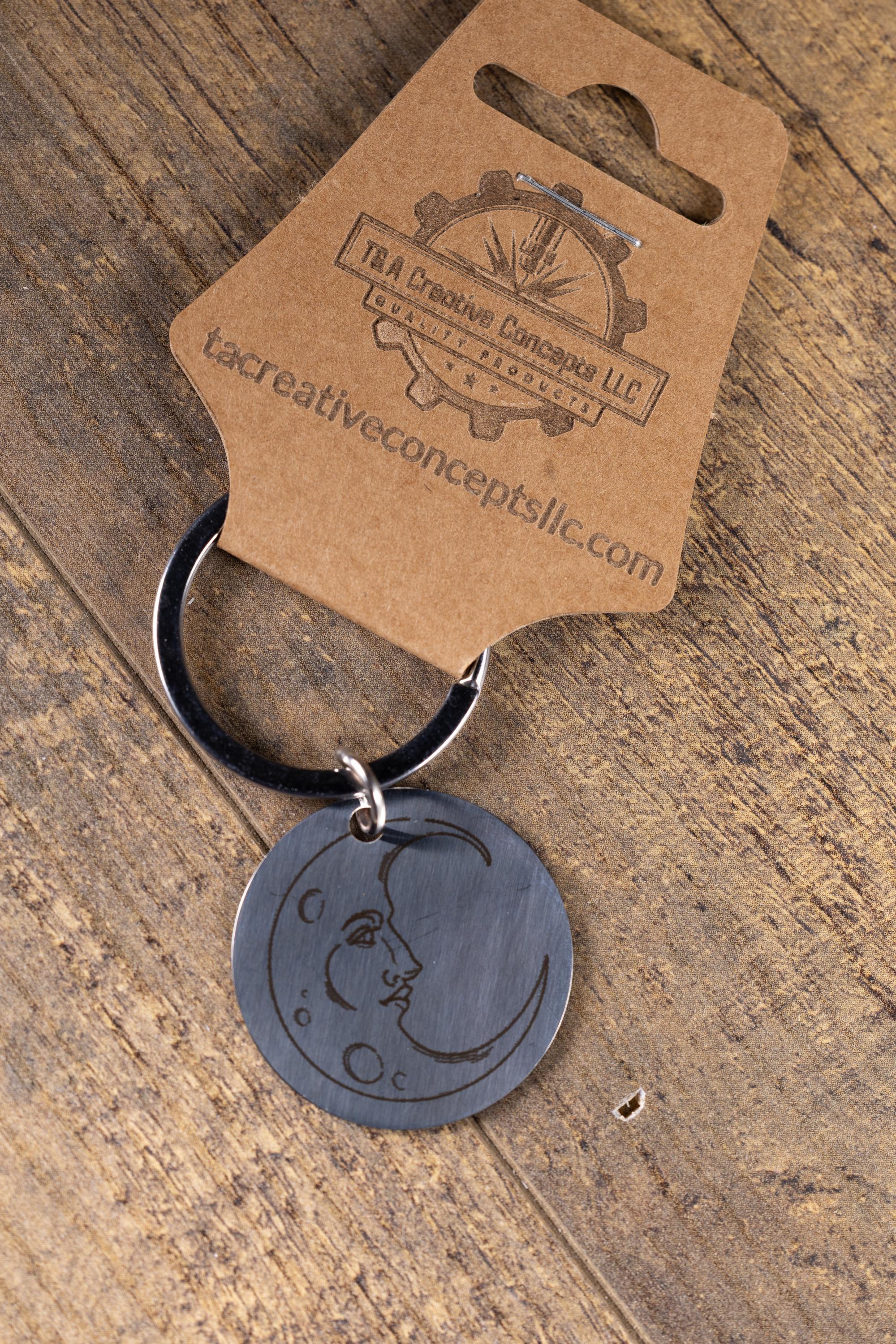 Engraved moon keychain: polished stainless steel celestial gift