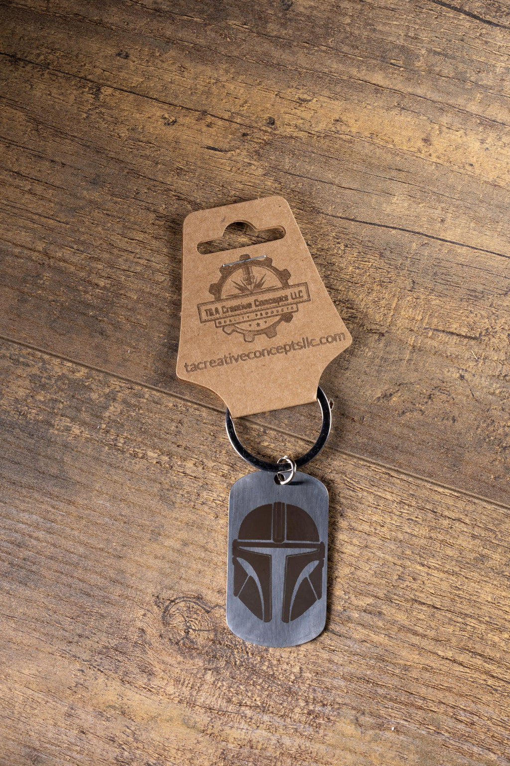 Polished stainless steel mandalorian keychain | laser engraved star wars metal | same image both sides | durable gift