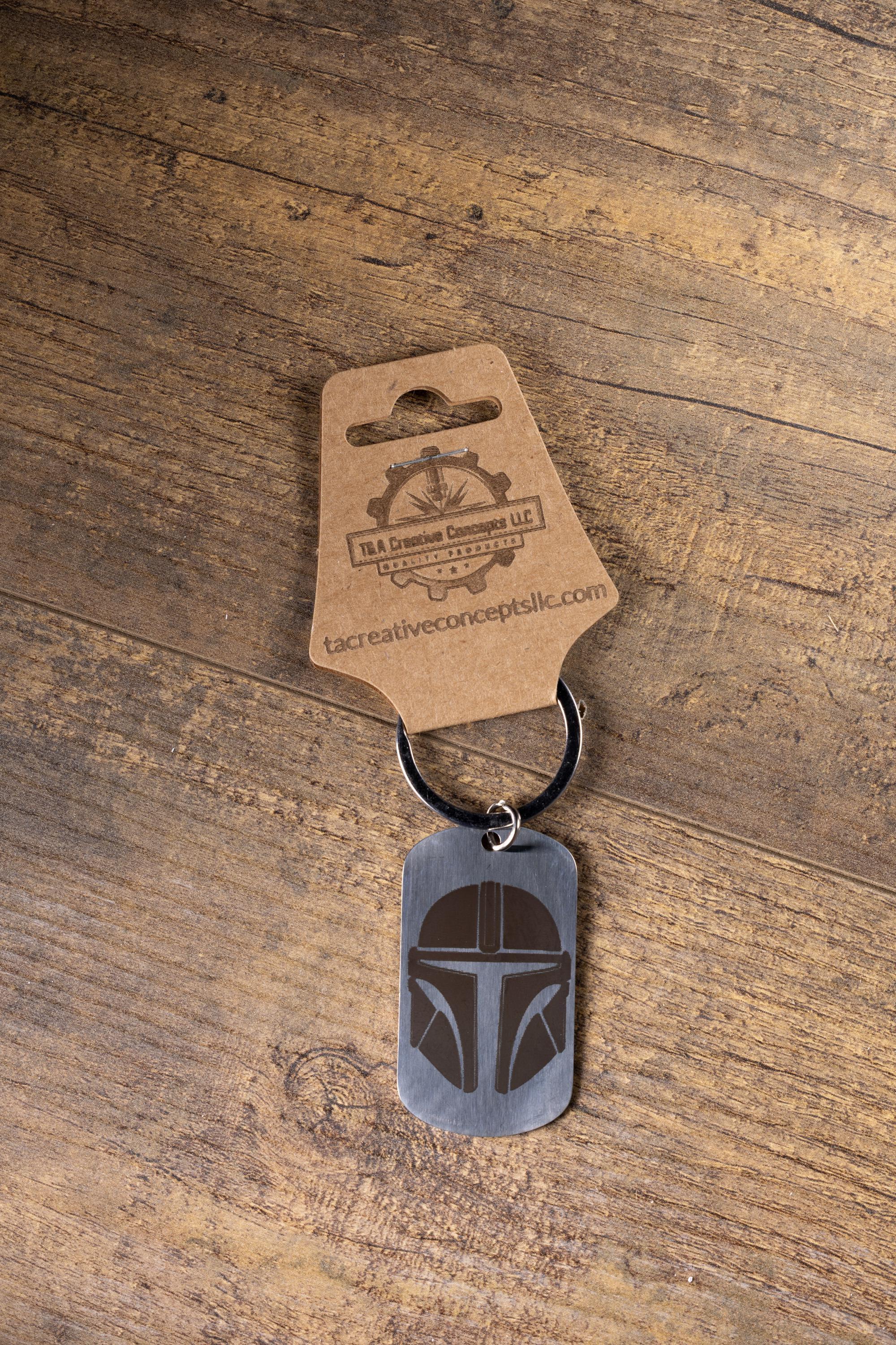 Polished stainless steel mandalorian keychain | laser engraved star wars metal | same image both sides | durable gift