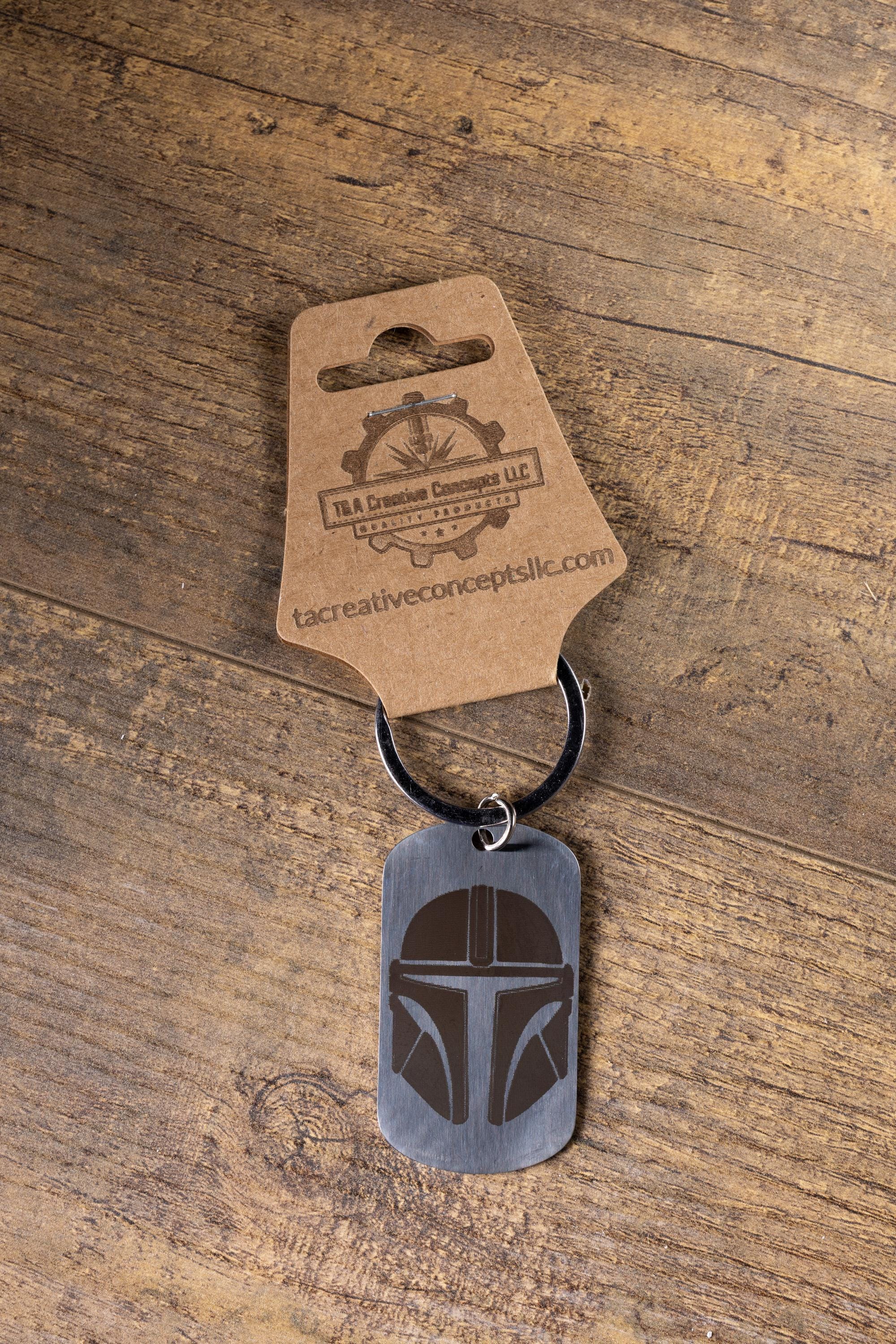 Polished stainless steel mandalorian keychain | laser engraved star wars metal | same image both sides | durable gift
