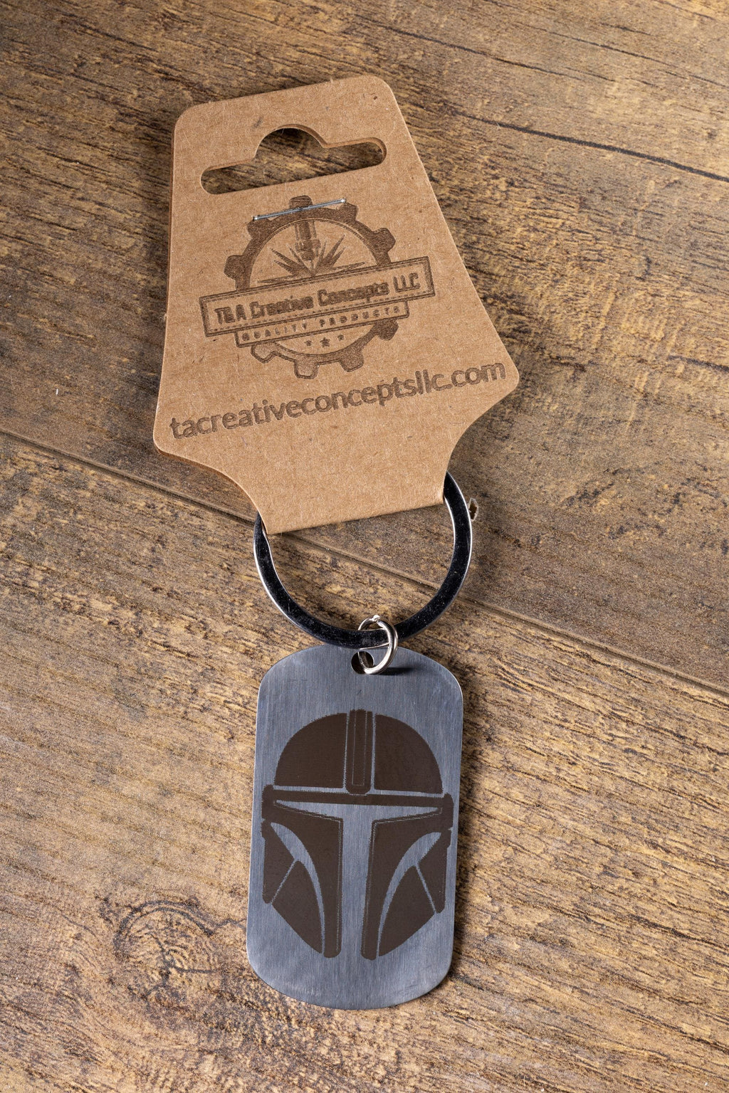 Polished stainless steel mandalorian keychain | laser engraved star wars metal | same image both sides | durable gift