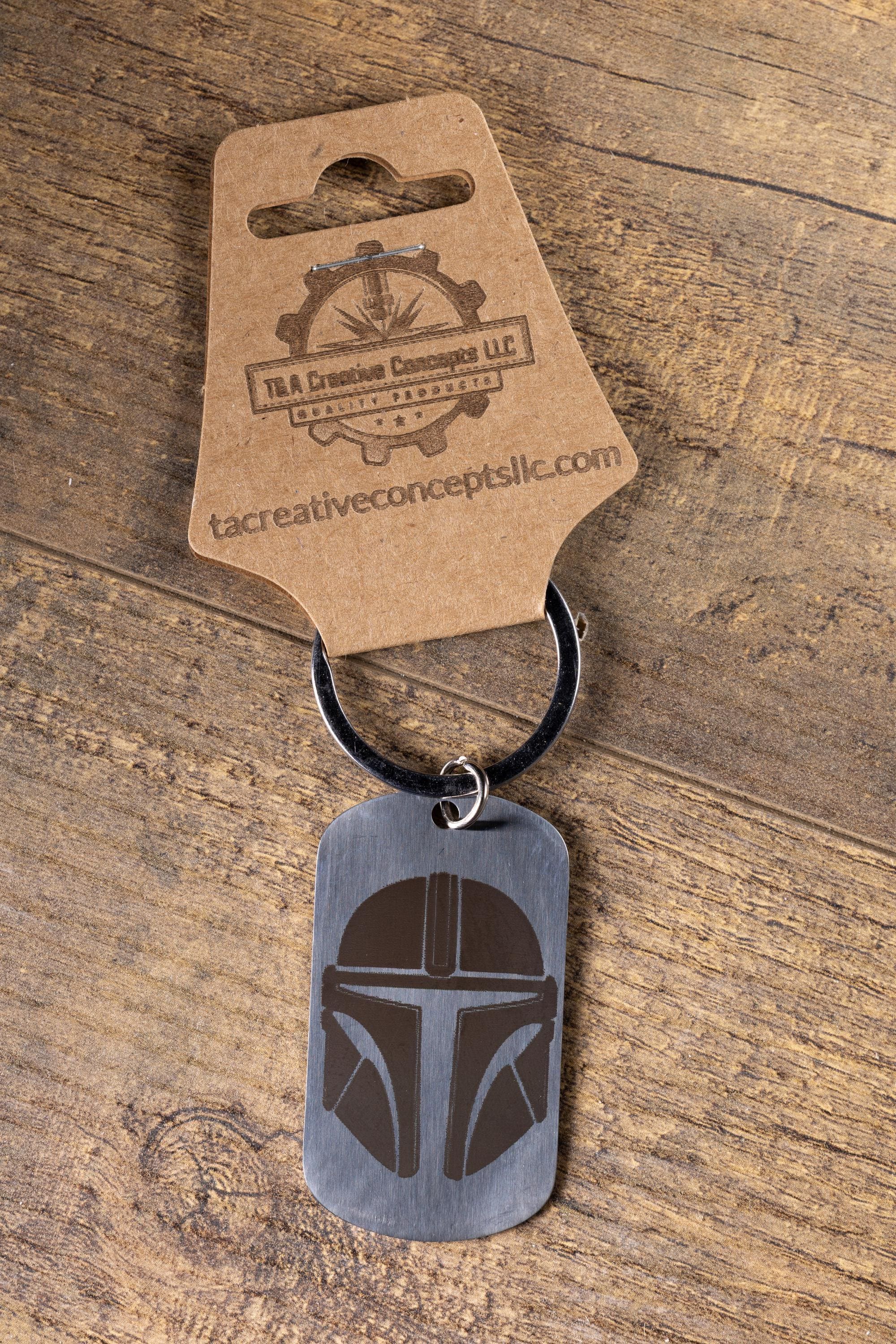 Polished stainless steel mandalorian keychain | laser engraved star wars metal | same image both sides | durable gift