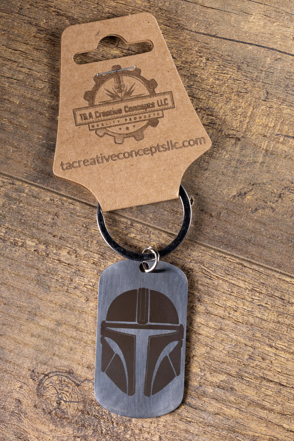 Polished stainless steel mandalorian keychain | laser engraved star wars metal | same image both sides | durable gift