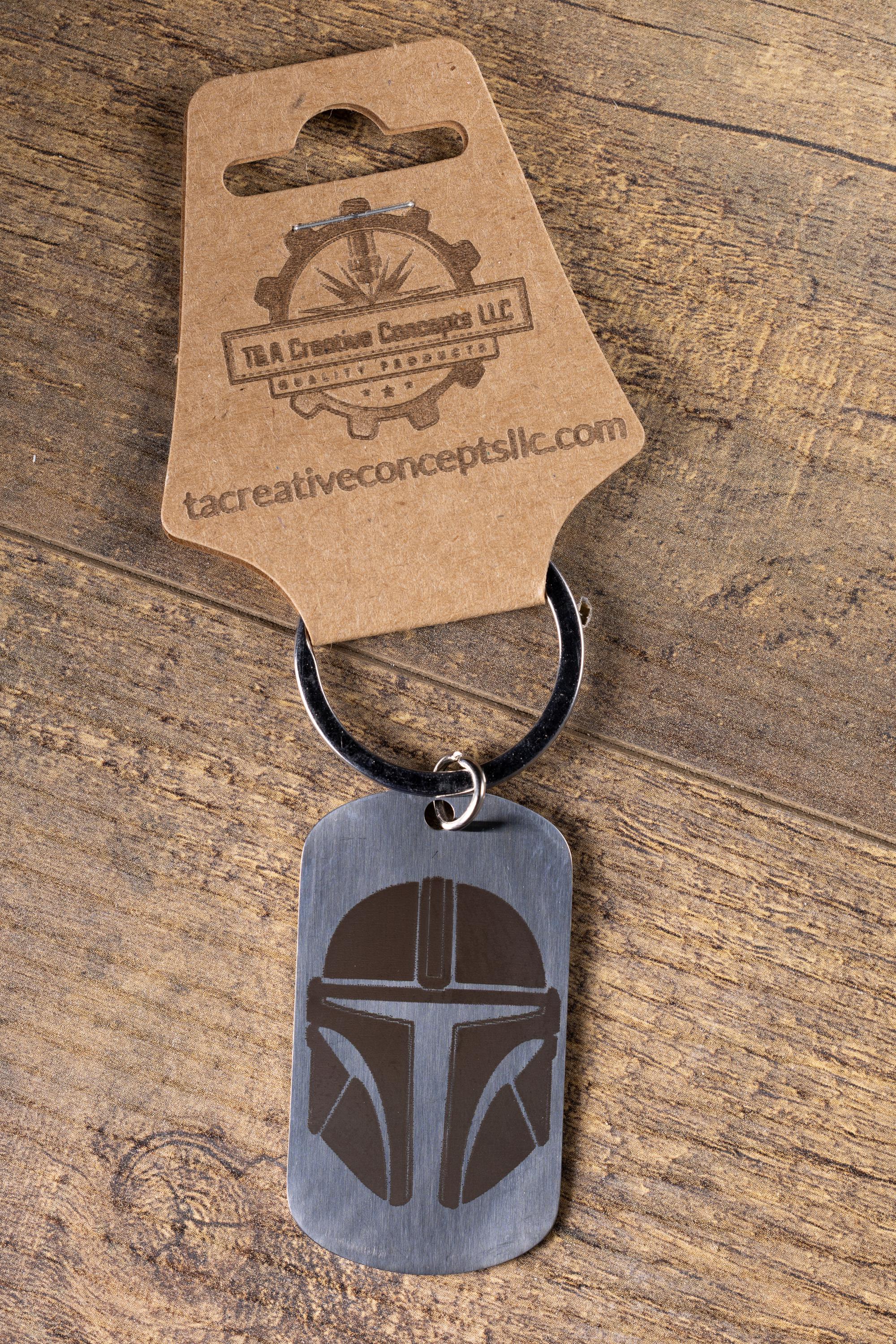 Polished stainless steel mandalorian keychain | laser engraved star wars metal | same image both sides | durable gift