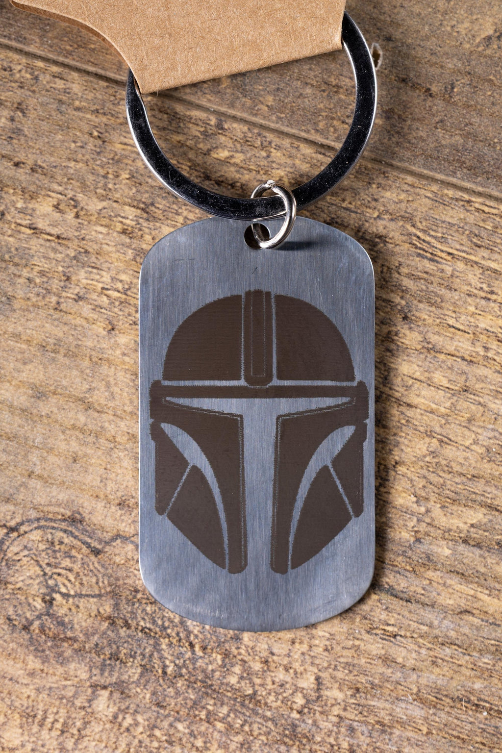 Polished stainless steel mandalorian keychain | laser engraved star wars metal | same image both sides | durable gift