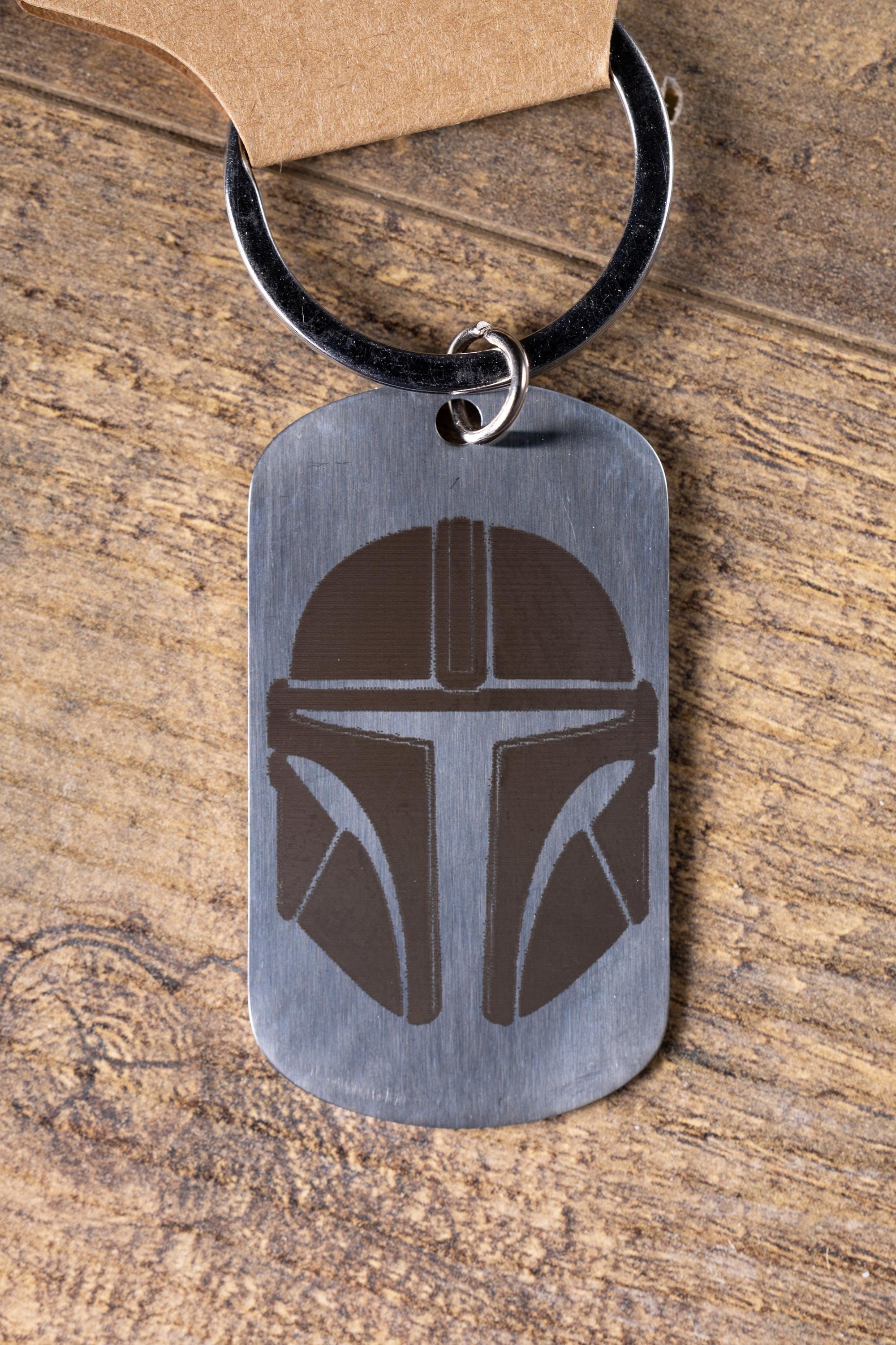 Polished stainless steel mandalorian keychain | laser engraved star wars metal | same image both sides | durable gift