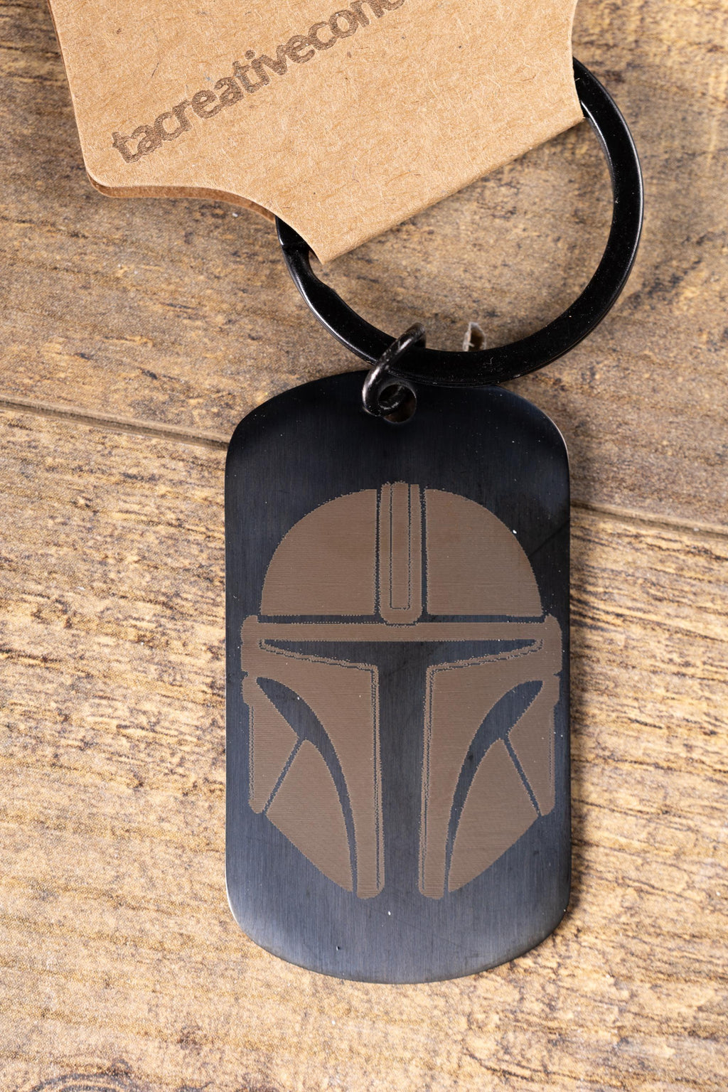 Black stainless steel mandalorian keychain | laser engraved star wars metal | same image both sides | durable gift