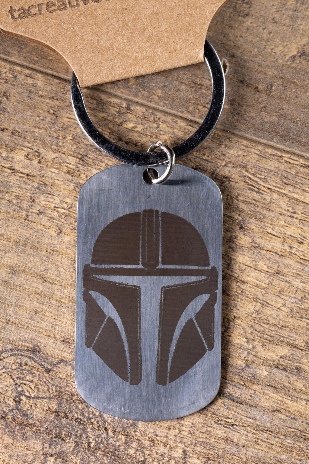 Polished stainless steel mandalorian keychain | laser engraved star wars metal | same image both sides | durable gift