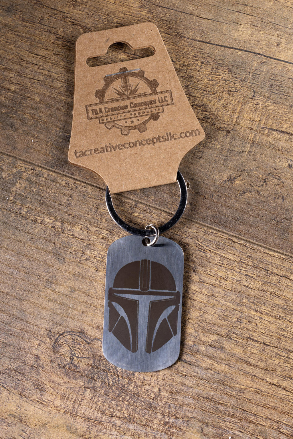 Polished stainless steel mandalorian keychain | laser engraved star wars metal | same image both sides | durable gift