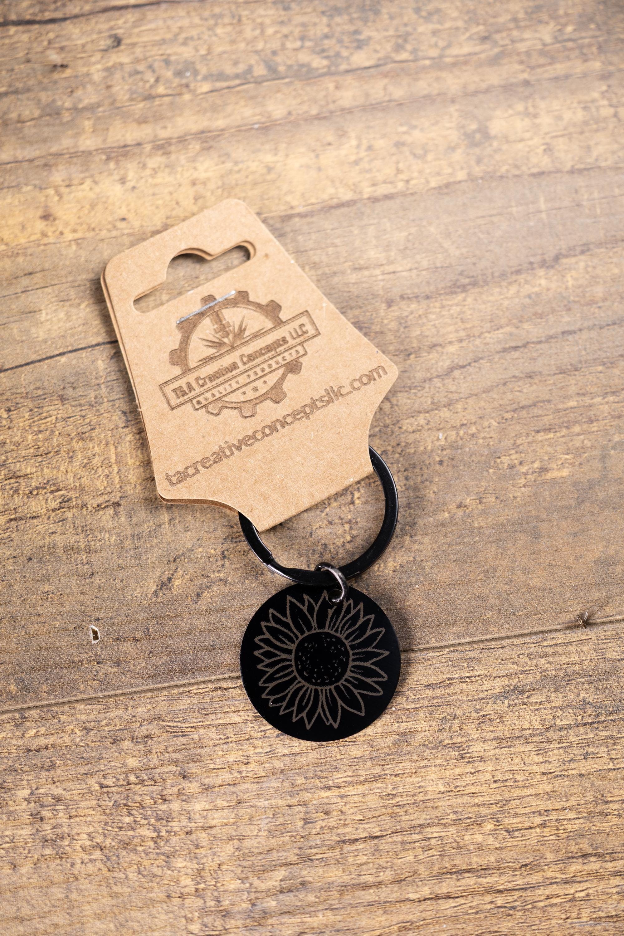 Laser engraved sunflower keychain: black stainless steel, stylish gift
