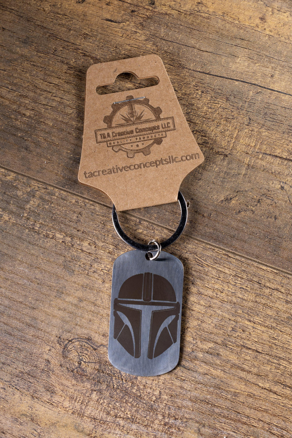 Polished stainless steel mandalorian keychain | laser engraved star wars metal | same image both sides | durable gift