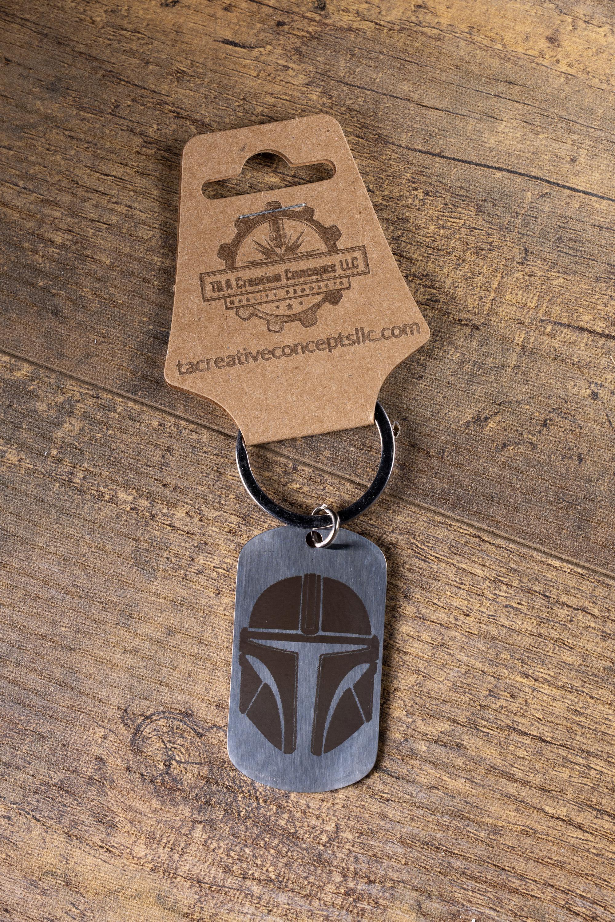 Polished stainless steel mandalorian keychain | laser engraved star wars metal | same image both sides | durable gift