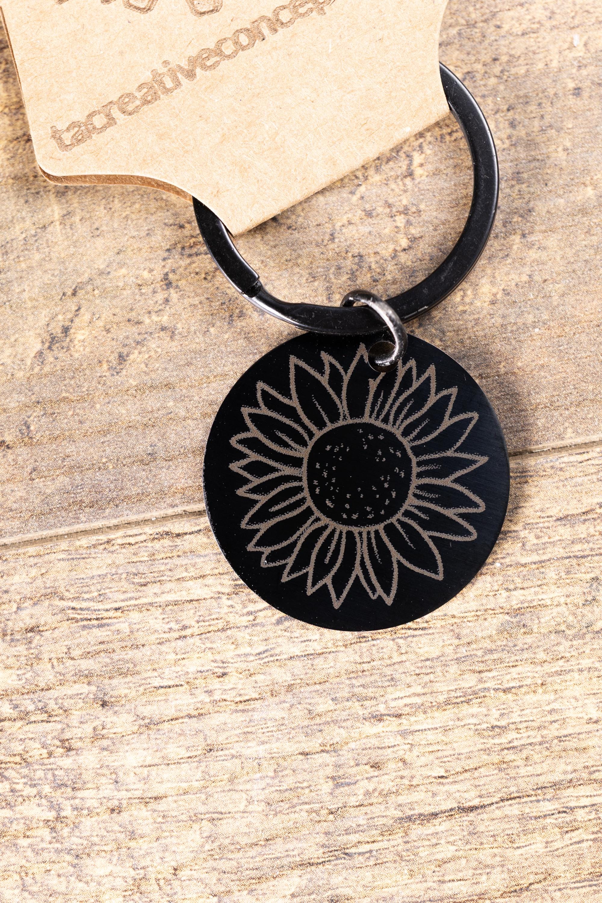 Laser engraved sunflower keychain: black stainless steel, stylish gift