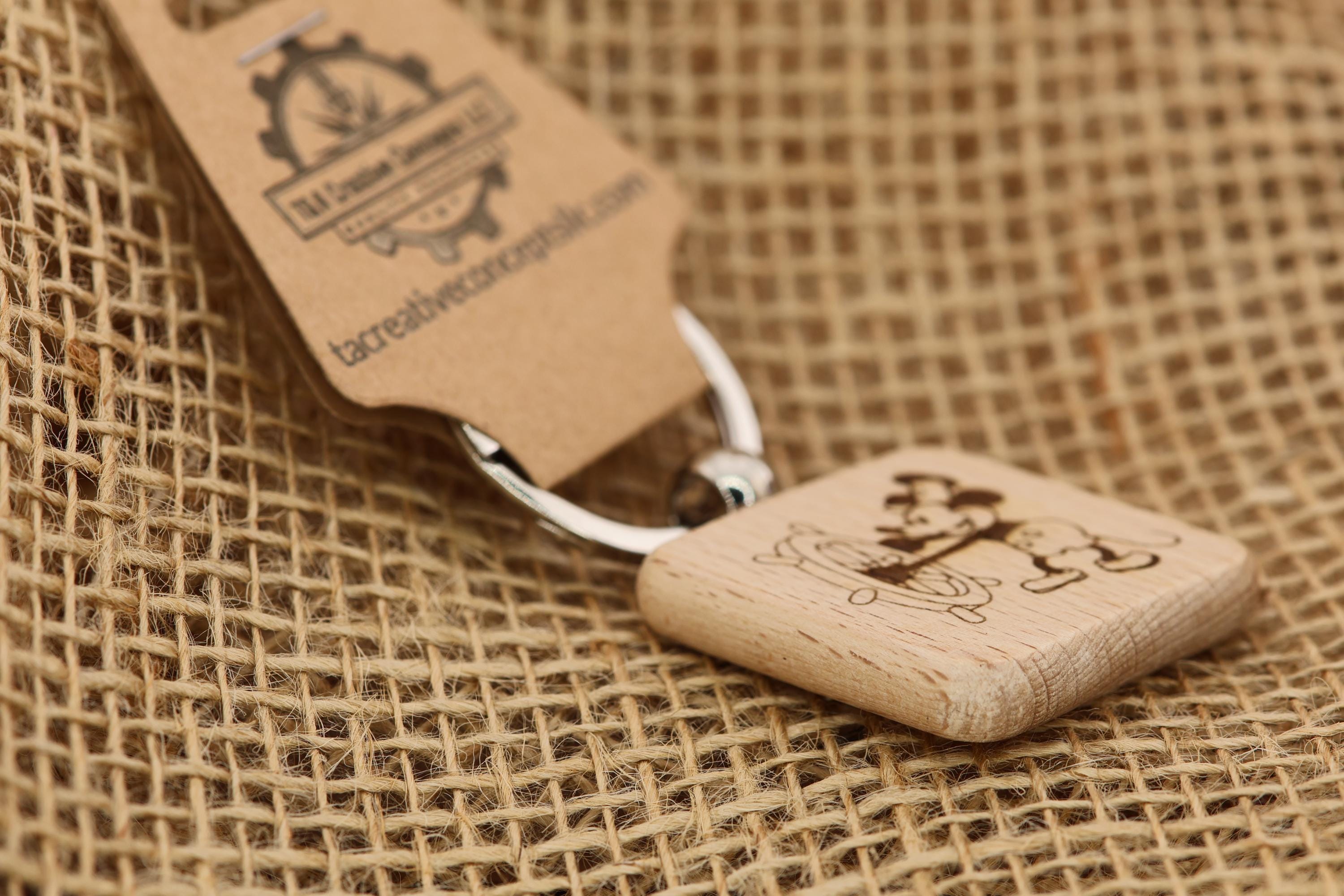 Steamboat Willie Keychain / Bag Charm: laser engraved hardwood, stainless steel keyring