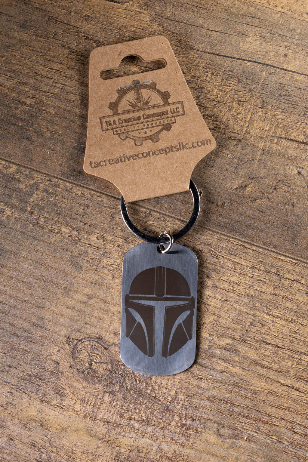 Polished stainless steel mandalorian keychain | laser engraved star wars metal | same image both sides | durable gift