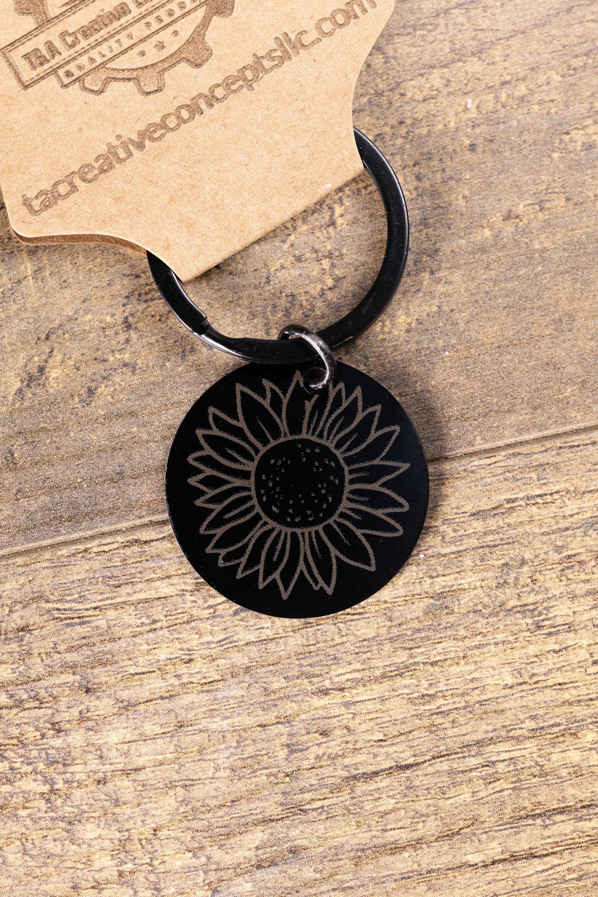 Laser engraved sunflower keychain: black stainless steel, stylish gift